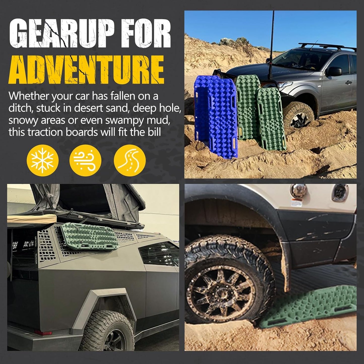 BUNKER INDUST Off-Road Traction Boards with Jack Base,Pair Recovery Track 4X4 Jeep Truck Emergency Tire Traction Mat with Bag -Sand, Mud, Snow Tracks Blue Traction Pad (Gen 7th)