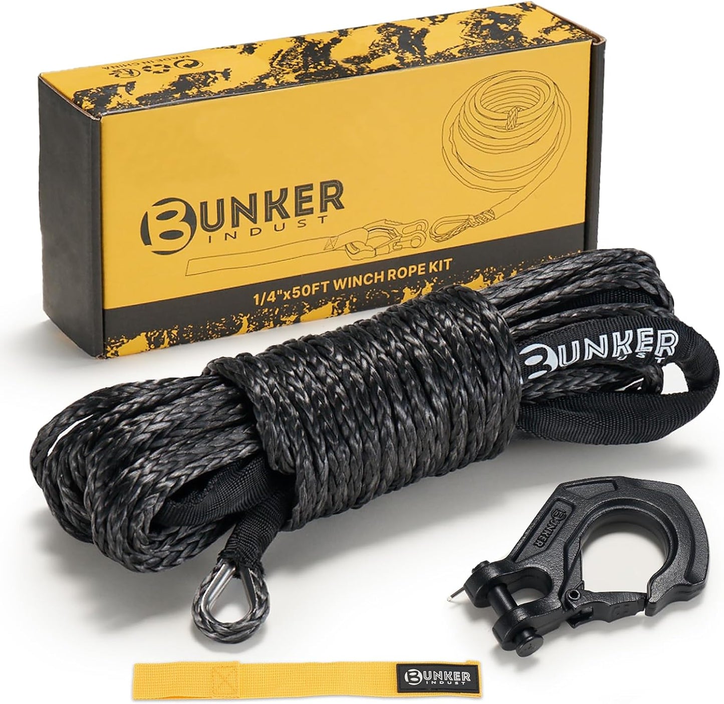 Synthetic Winch Rope Kit 1/4in x 50ft, 11023lb Capacity with Protective Sleeve, Forged Hook & Strap - Nylon Winch Line Replacement for 3500-6000lb Winches | Off-Road ATV/UTV Accessory