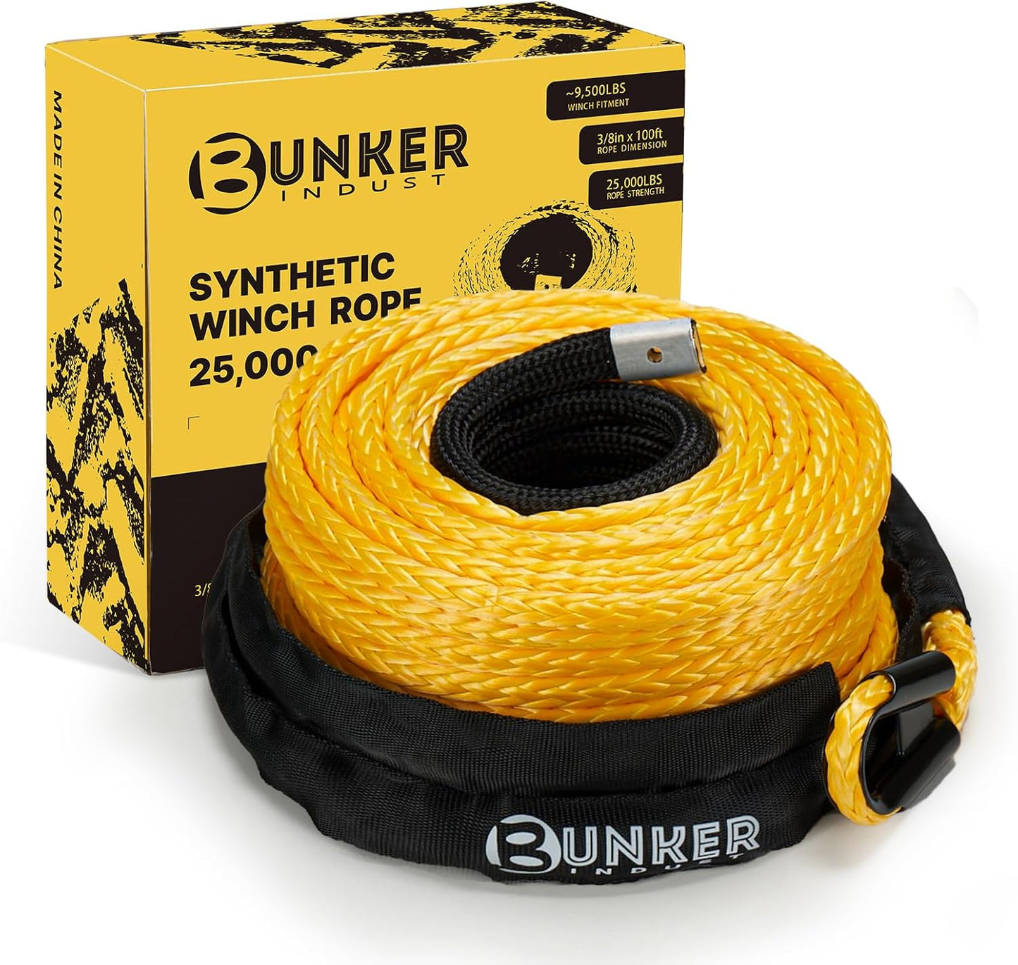BUNKER INDUST 3/8" x 100' Synthetic Winch Rope, 25000LBS Winch Cable with Protective Sleeve 100ft Winch Line Replacement for Off-Road Vehicles, Trucks, SUVs