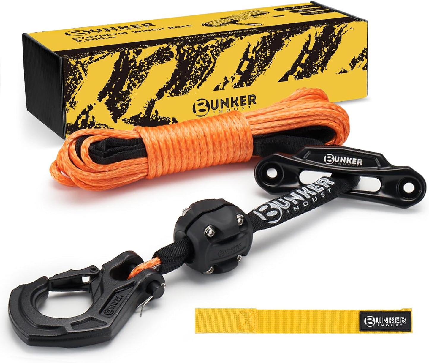BUNKER INDUST Synthetic Winch Rope Kit,3/16" x 50' 8200 LBS Winch Line Cable Replacement with Protective Sleeve+Winch Fairlead+ Stopper+Hook for 4WD Off Road Vehicle ATV UTV SUV(Black)