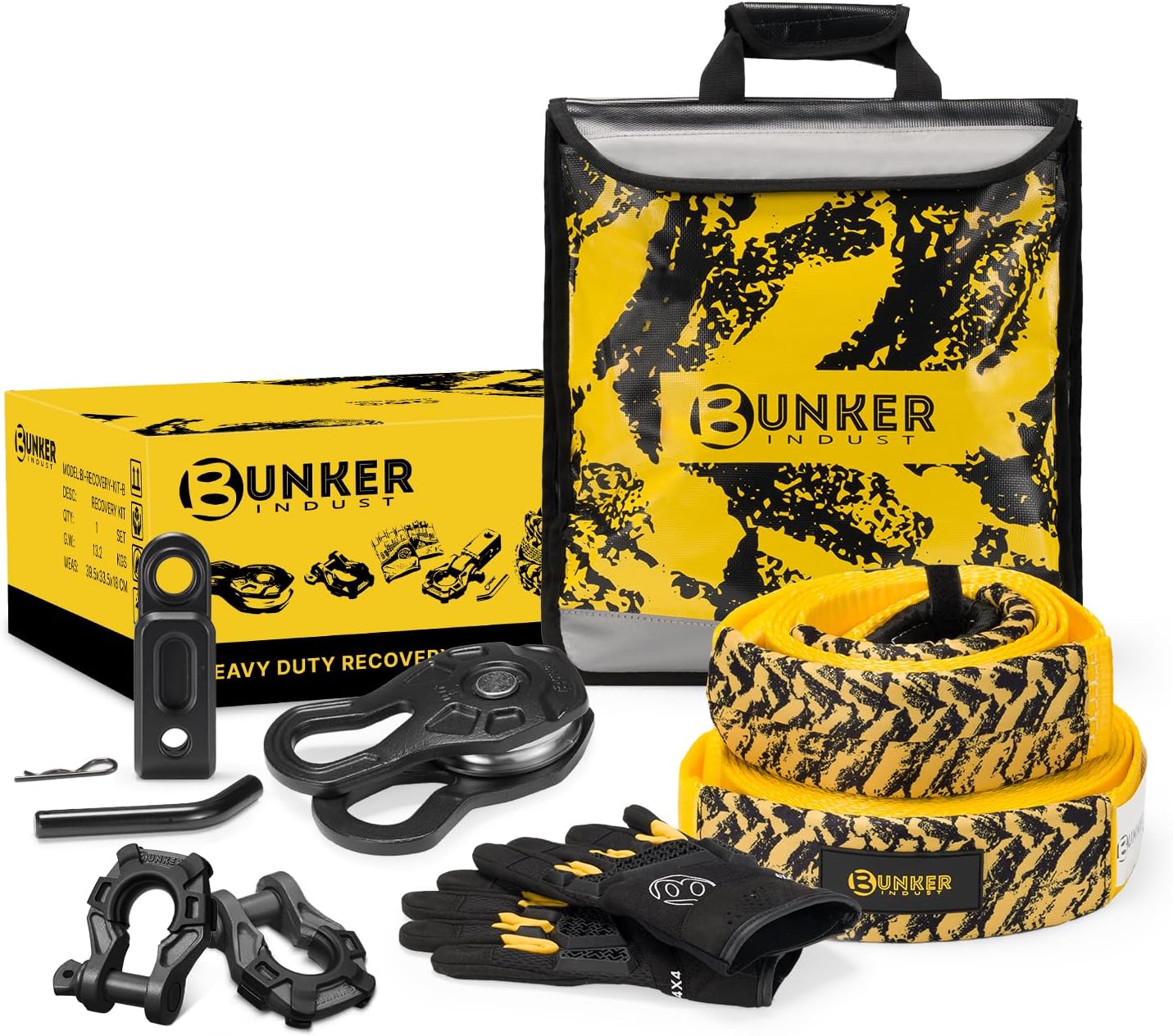 BUNKER INDUST Off Road Recovery Kit with 30ft & 10ft Tow Straps, Snatch Block, D-Ring Shackles, Shackle Receiver, Gloves, Winch Dampener Bag for Trucks, SUVs, ATVs