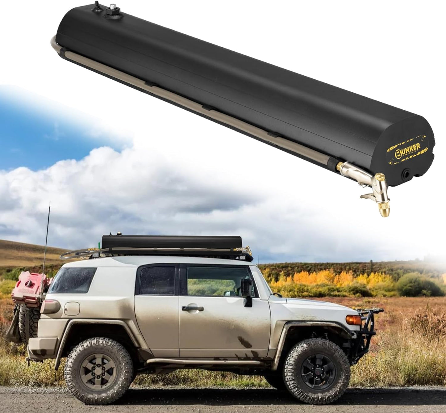 BUNKER INDUST 8 Gallon Portable Pressurized Water Tank with Hose for Camping Showers, Outdoor Activities, Overland Off-Road Vehicles, and Pick-up Trucks