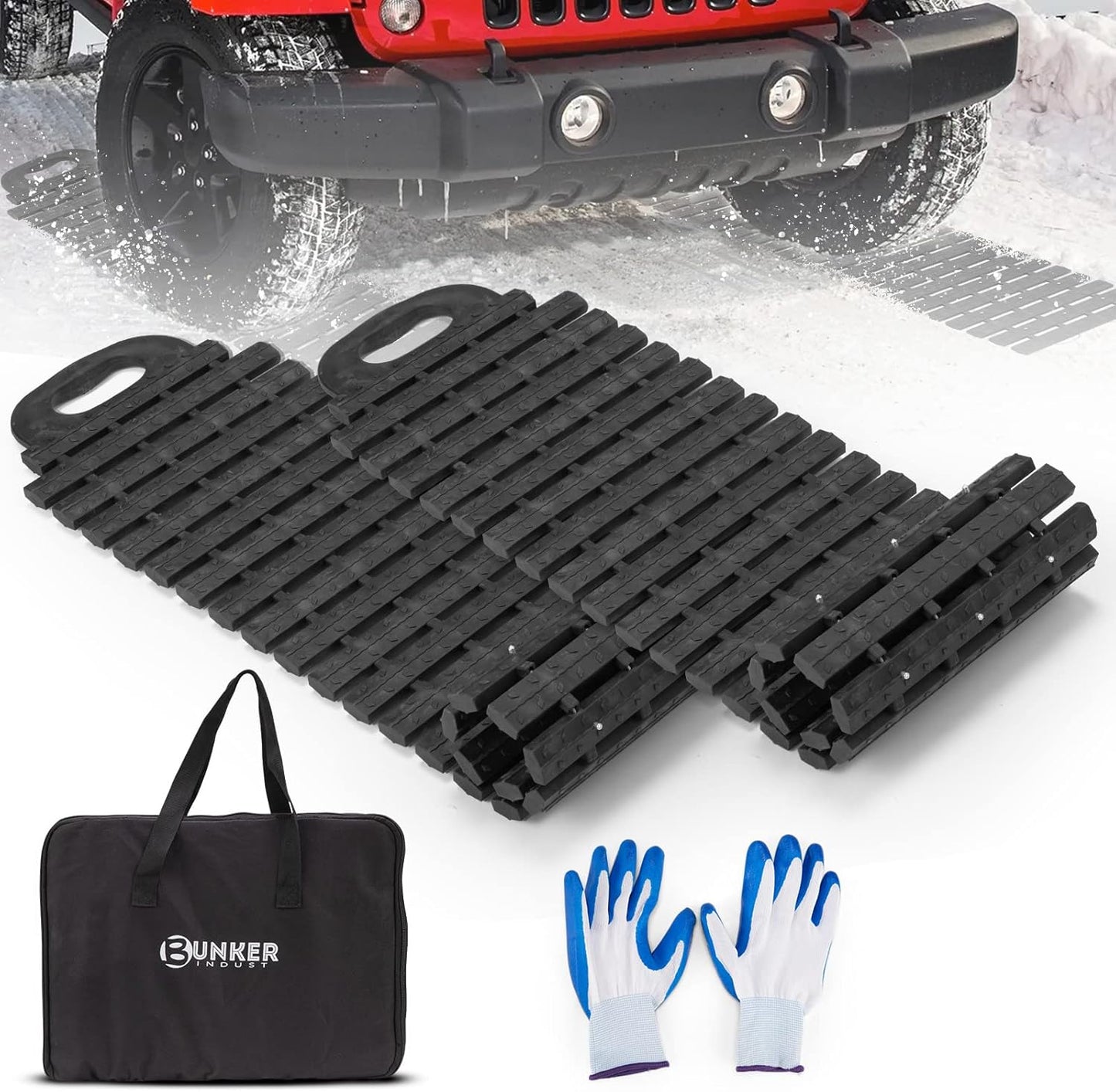 BUNKER INDUST Tire Traction Mats & Portable Recovery Tracks for Off-Road 4X4 Vehicles, Snow, Ice, Sand - Emergency Traction Devices with Storage Bag & Gloves, Compatible with Cars, Trucks, Vans (2 Pack)