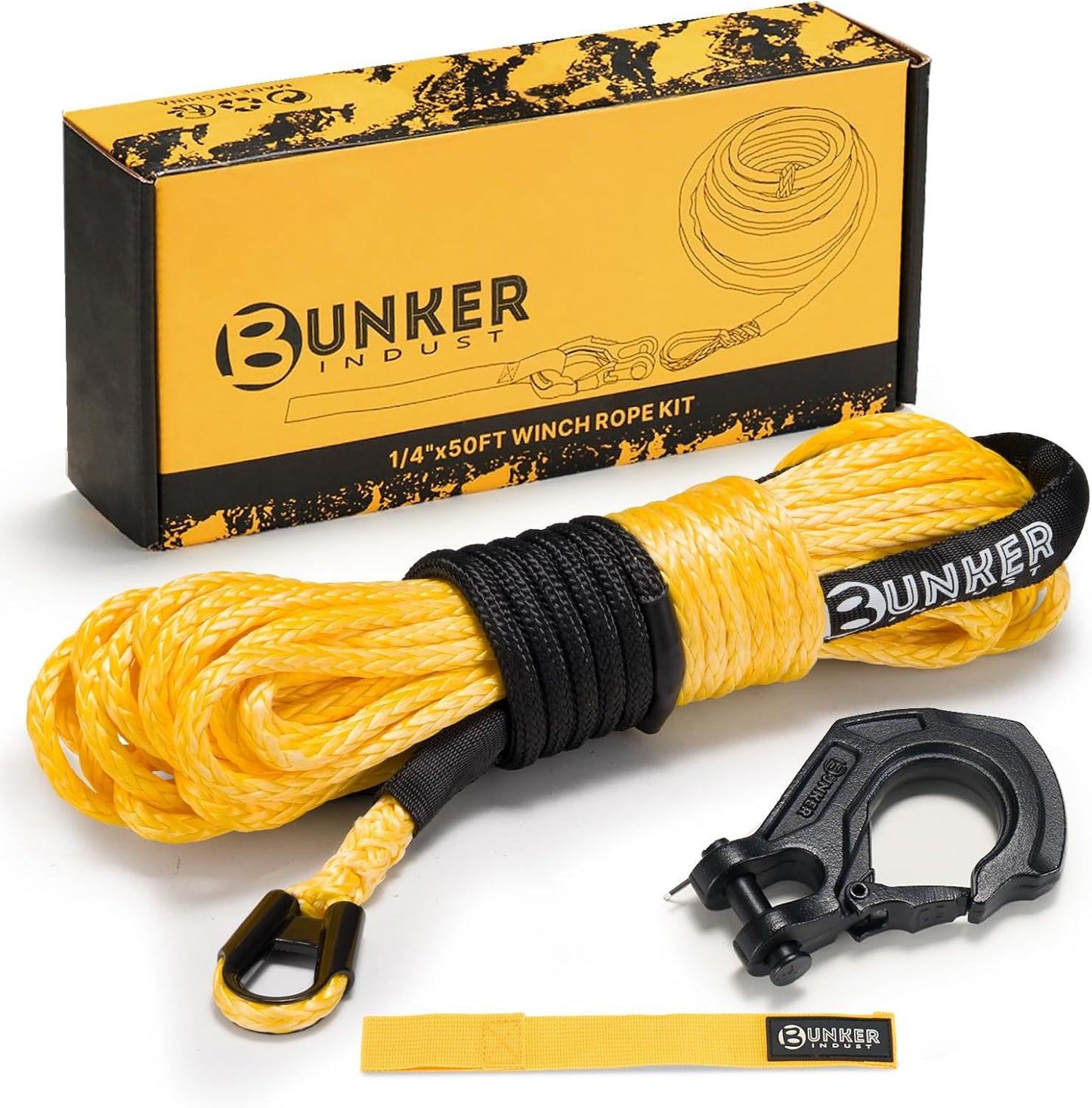 Synthetic Winch Rope Kit 1/4in x 50ft, 11023lb Capacity with Protective Sleeve, Forged Hook & Strap - Nylon Winch Line Replacement for 3500-6000lb Winches | Off-Road ATV/UTV Accessory