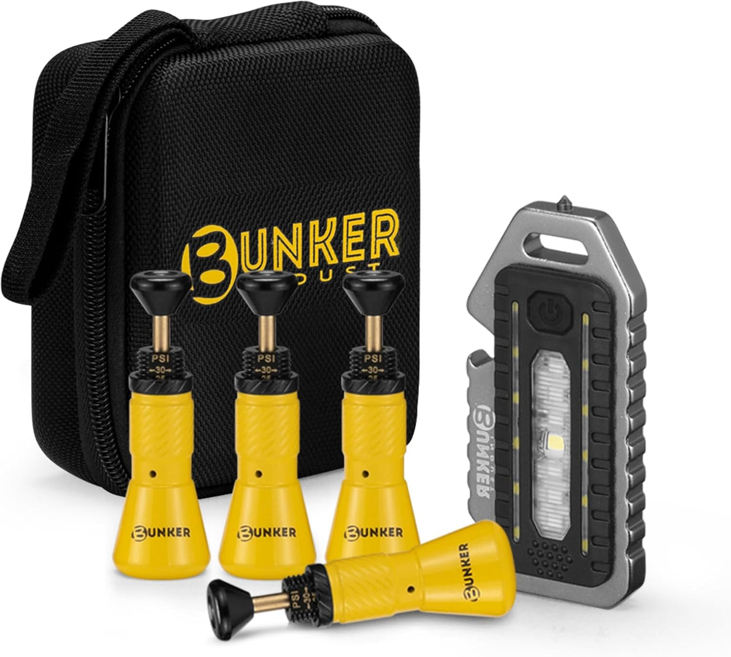 BUNKER INDUST Adjustable Auto-Stop Offroad Tire Deflator Kit with 4 Tire Valves (10-30 PSI), Multifunctional LED Light, Safety Whistle, Bottle Opener & Carry Case