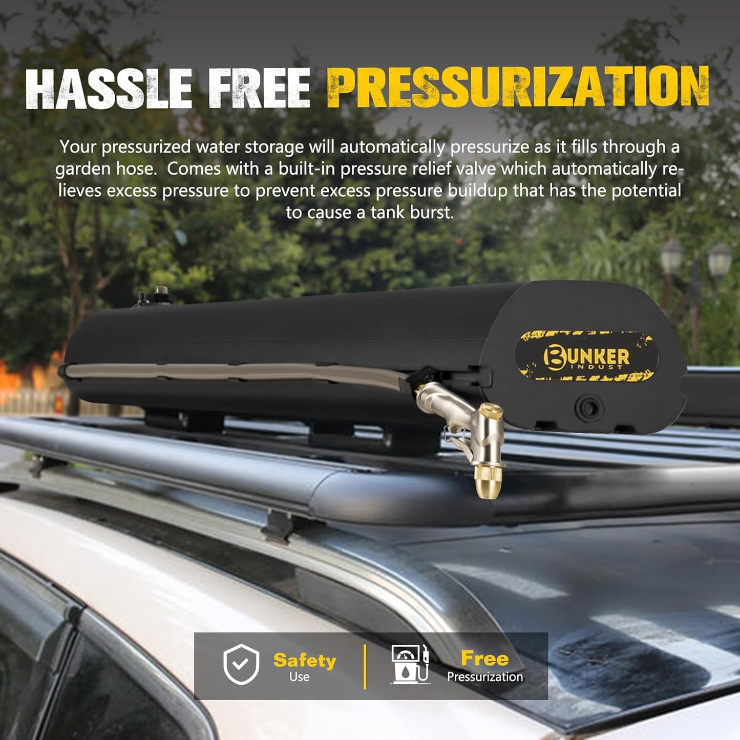 BUNKER INDUST 8 Gallon Portable Pressurized Water Tank with Hose for Camping Showers, Outdoor Activities, Overland Off-Road Vehicles, and Pick-up Trucks