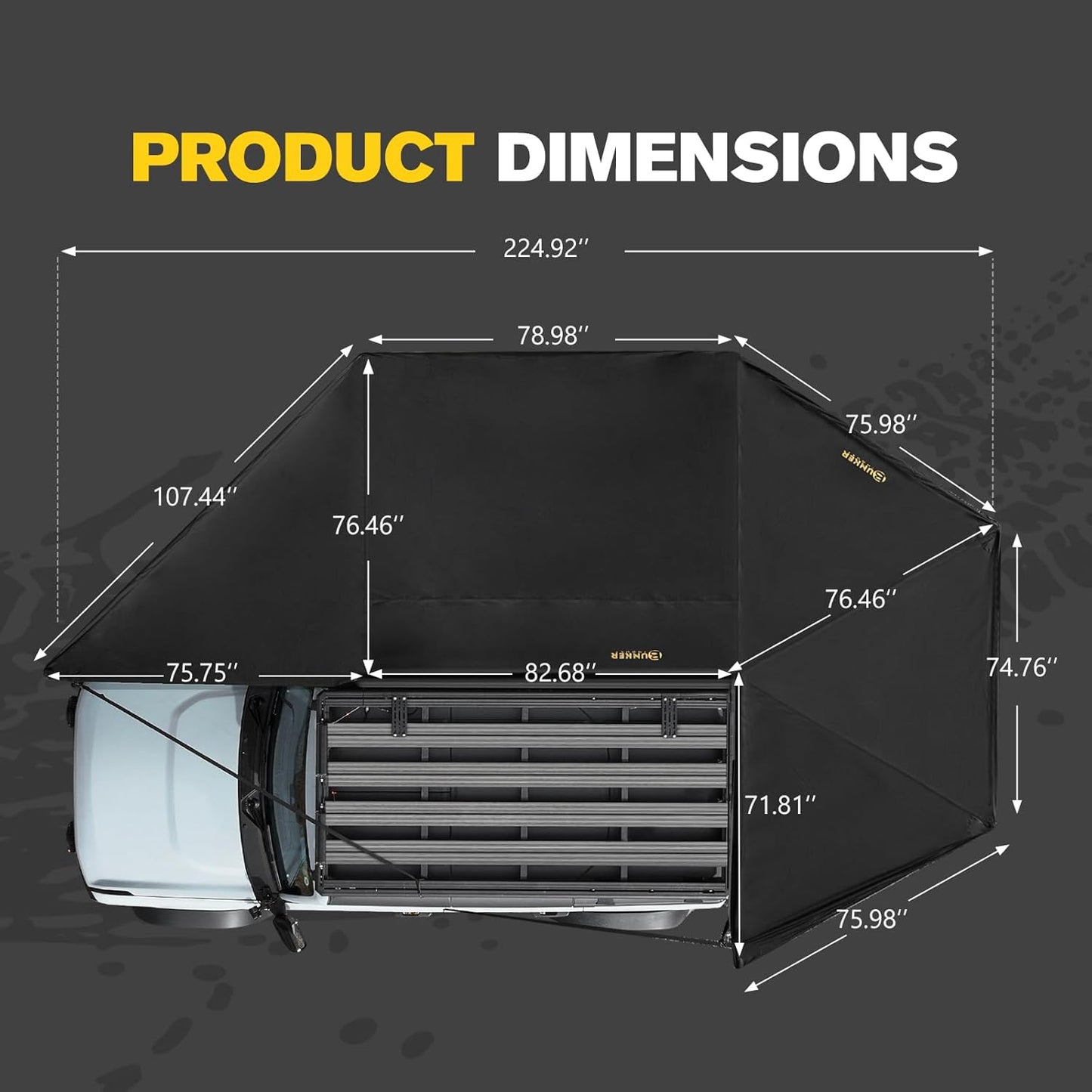 BUNKER INDUST 270 Degree Awning Free Standing with 3-Color LED Lighting, Passenger-Side Mount, Waterproof & Wind Resistant for SUV Van Truck Camper