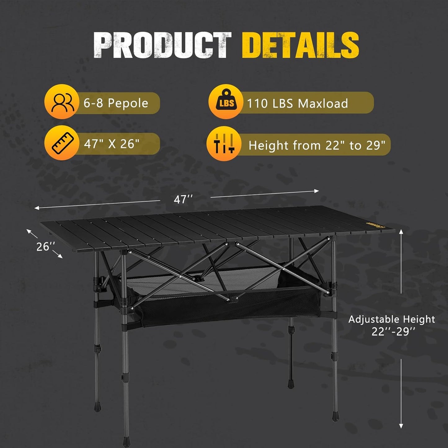 BUNKER INDUST Folding Camping Table Roll-Top Aluminum Portable Outdoor with Carry Bag Adjustable Height for Picnic Beach BBQ Backyards