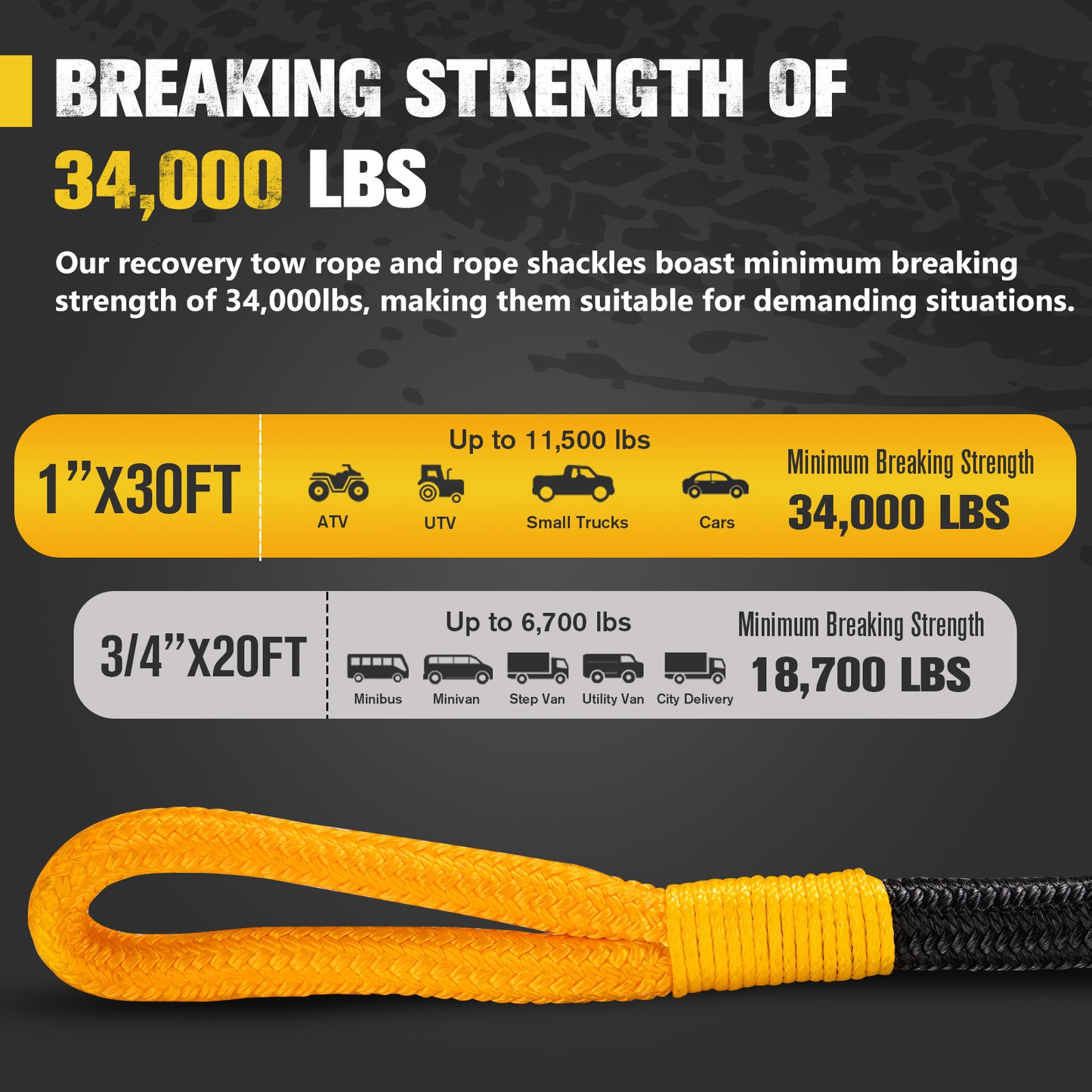 1"×30ft Kinetic Recovery Rope with 2 Soft Shackles