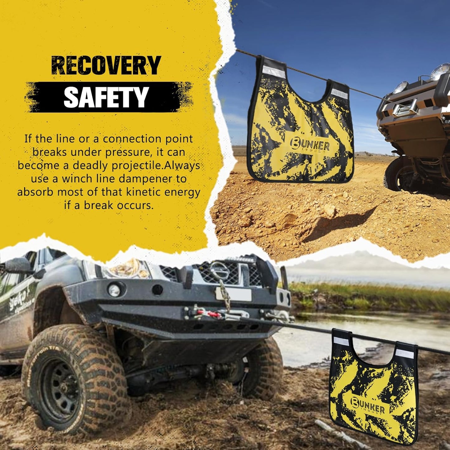 BUNKER INDUST Winch Damper Bag for Winch Cable/Rope Safety Recovery, Off-Road Winch Rope Damper Blanket with Pocket & Reflective Strips