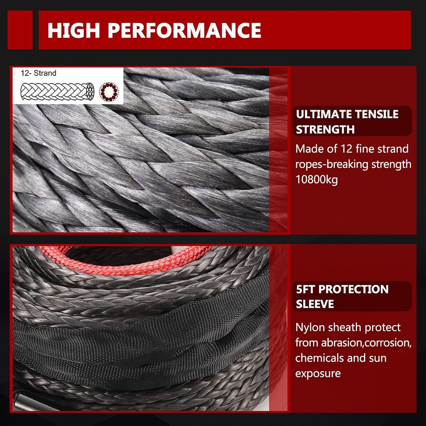 BUNKER INDUST Synthetic Winch Rope 3/8" x 85' 25000 lbs Capacity with Protective Sleeve - Off-Road Recovery Cable for ATV UTV SUV Truck, 1 Pcs Black Winch Line
