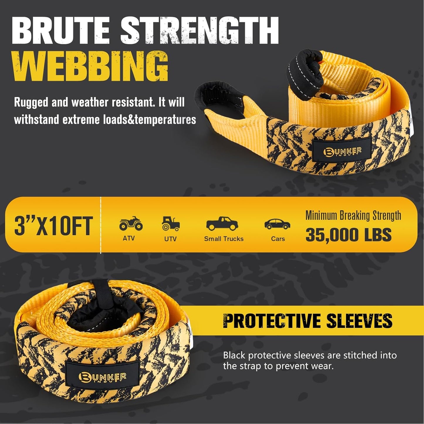 BUNKER INDUST 3" x 10ft Tree Saver Winch Strap, 35,000 lbs Recovery Strap Heavy Duty Tow Rope (Bag Not Include)