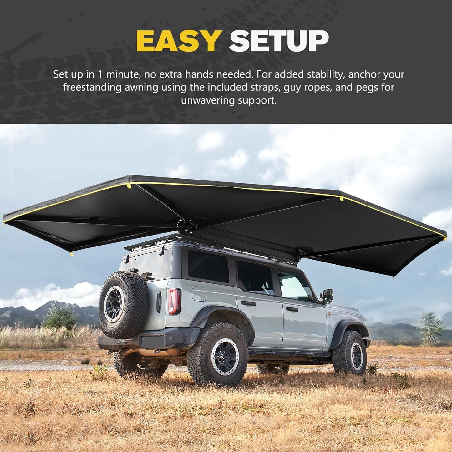 BUNKER INDUST 270 Degree Awning Free Standing with 3-Color LED Lighting, Passenger-Side Mount, Waterproof & Wind Resistant for SUV Van Truck Camper