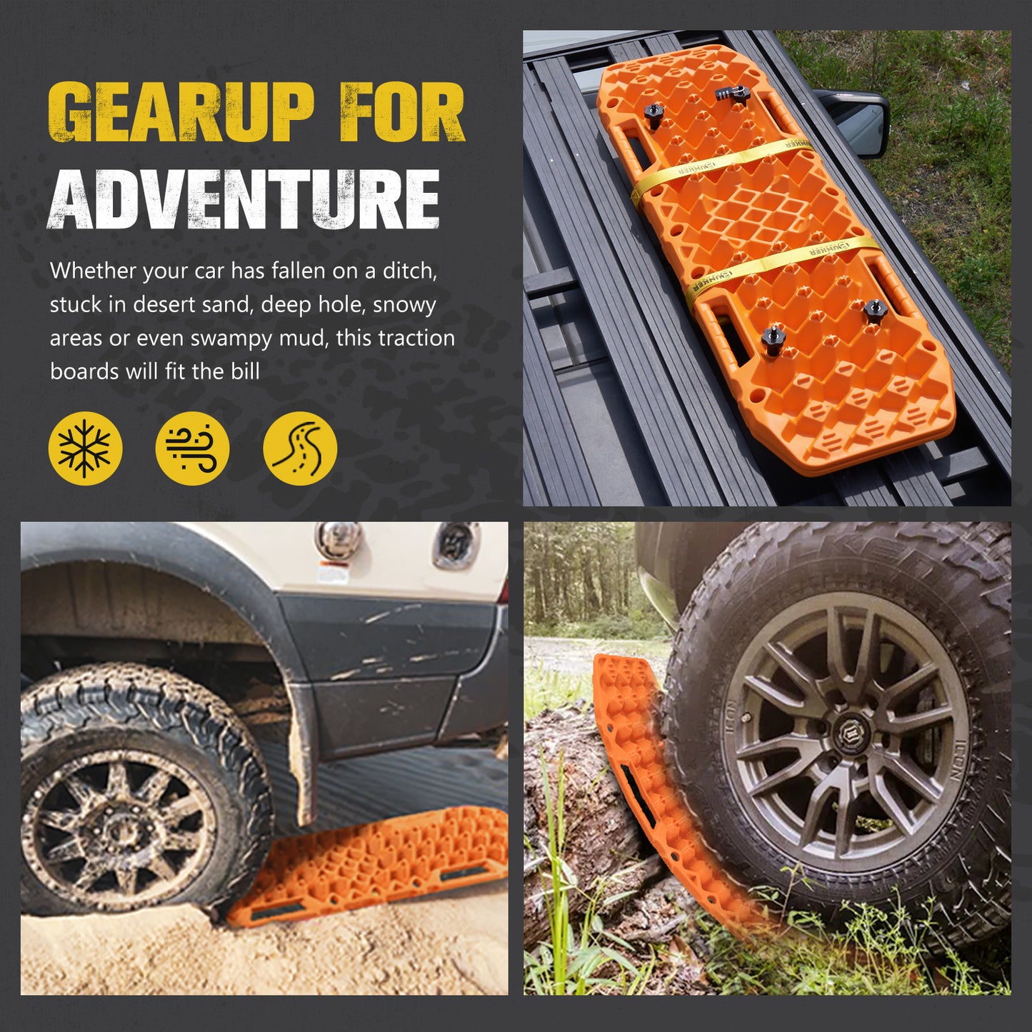 BUNKER INDUST Gen 7th Traction Boards with Mounting Kit & Jack Base - Pair Offroad Recovery Tracks for 4x4, Jeep, Truck Tires - Sand, Mud, Snow Ramps