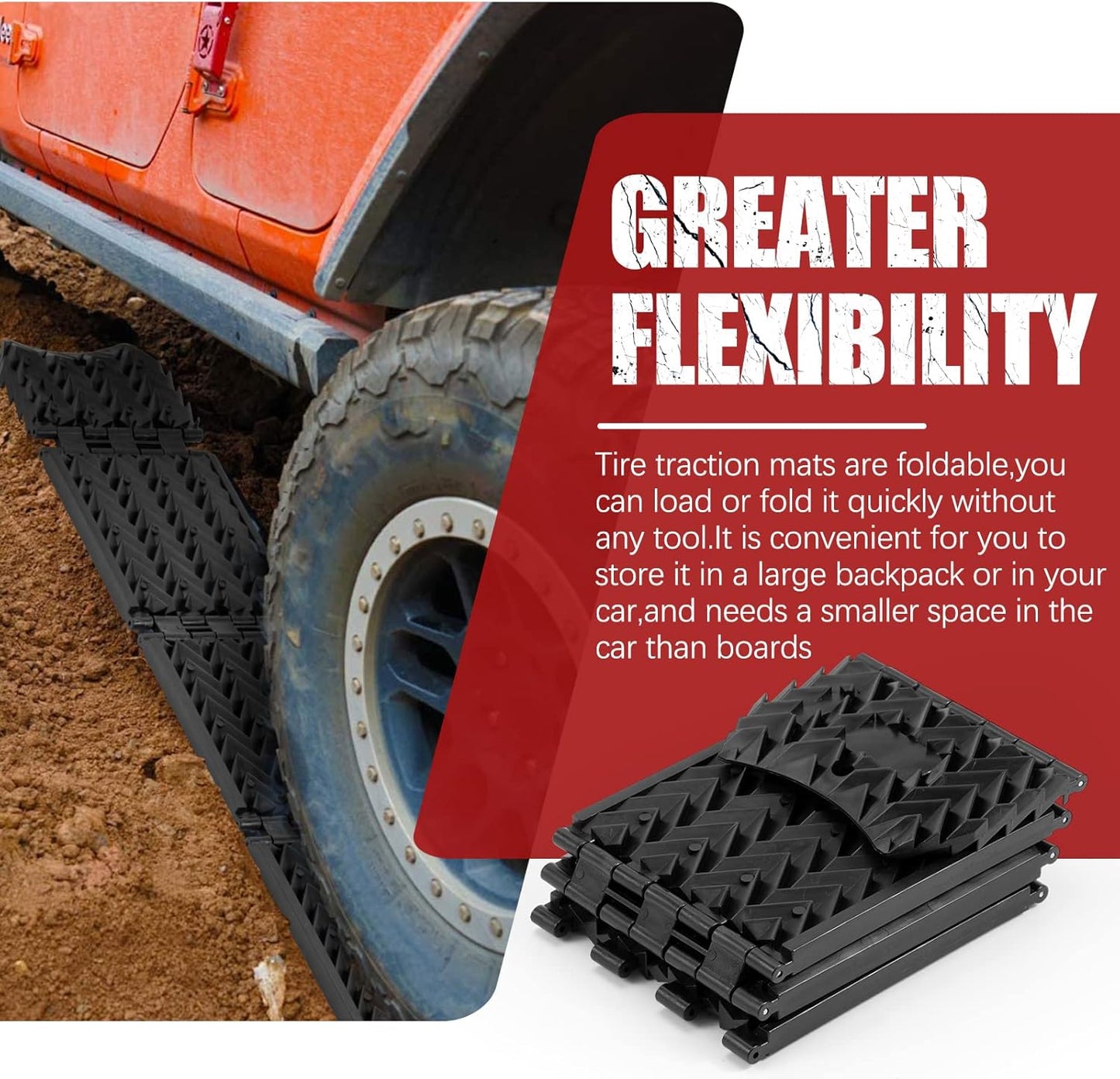 Tire Traction Mats 2-Pack Foldable Portable Recovery Track Boards for Off Road 4X4, Cars, Trucks, Small SUVs | Emergency Snow Ice Sand Traction Devices