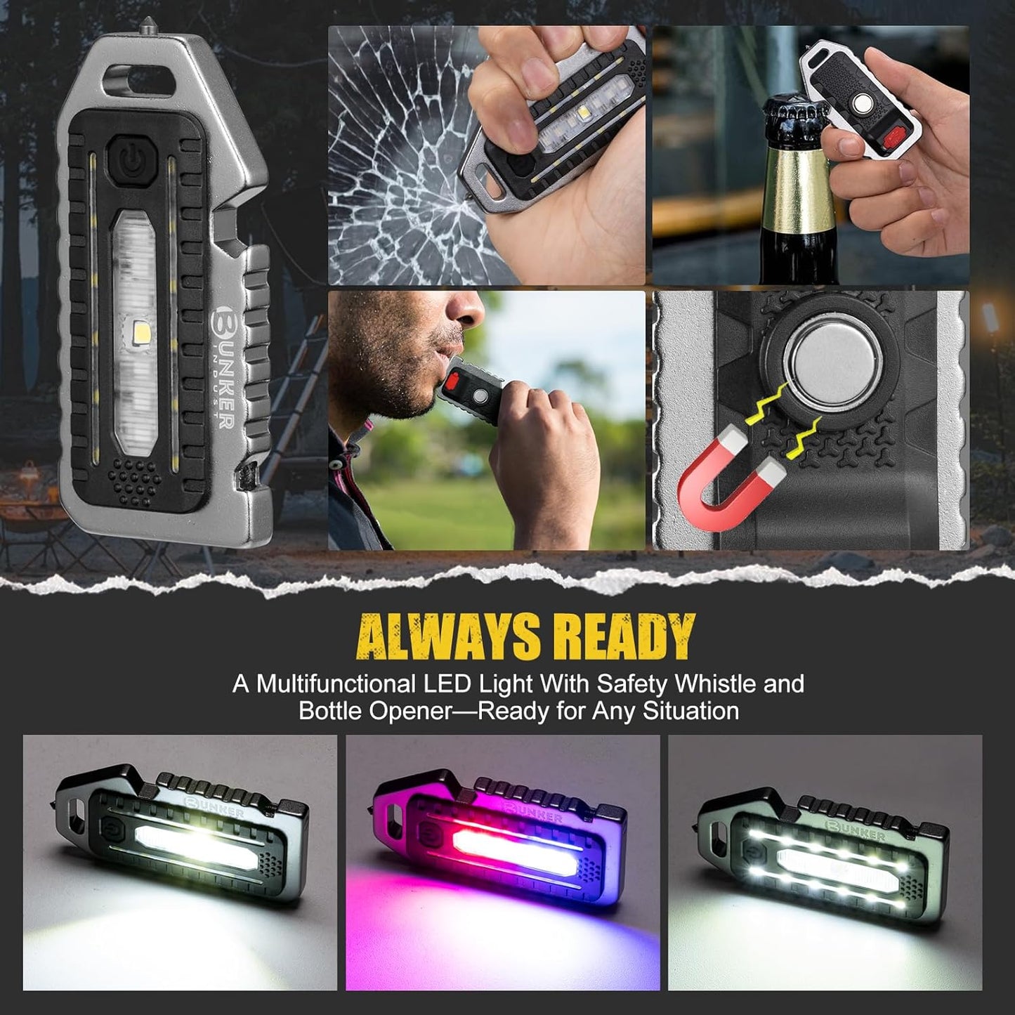 BUNKER INDUST Adjustable Auto-Stop Offroad Tire Deflator Kit with 4 Tire Valves (10-30 PSI), Multifunctional LED Light, Safety Whistle, Bottle Opener & Carry Case