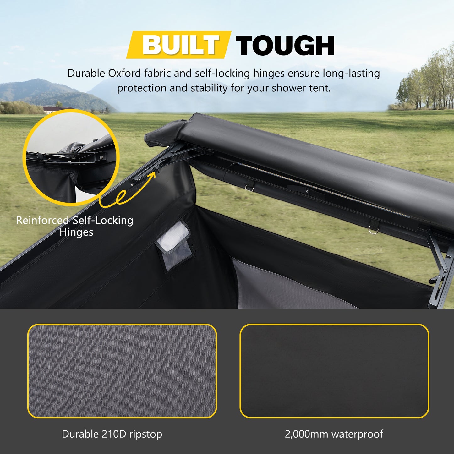 Vehicle Side Shower Tent with Roof, Car Portable Privacy Shower Bathroom, Outdoor Camping Awning Shower Room Waterproof, Built-in LED Light for Night, Black