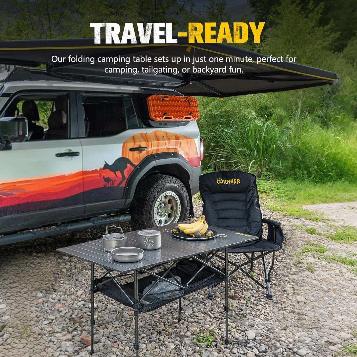 BUNKER INDUST Folding Camping Table Roll-Top Aluminum Portable Outdoor with Carry Bag Adjustable Height for Picnic Beach BBQ Backyards