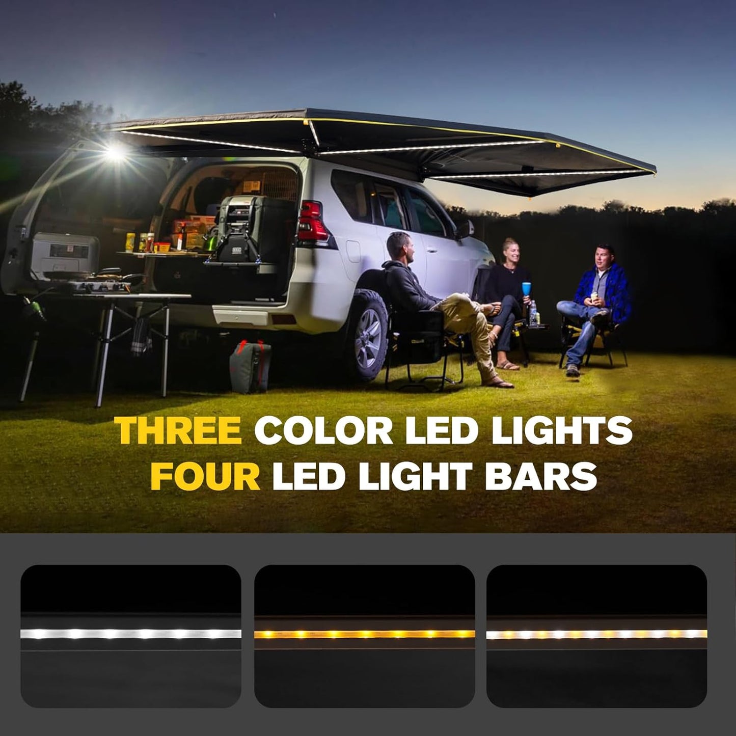 BUNKER INDUST 270 Degree Awning Free Standing with 3-Color LED Lighting, Passenger-Side Mount, Waterproof & Wind Resistant for SUV Van Truck Camper