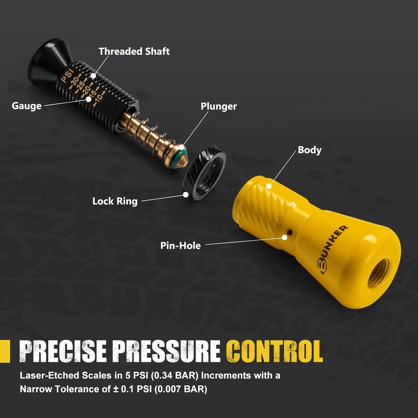 BUNKER INDUST Adjustable Auto-Stop Offroad Tire Deflator Kit with 4 Tire Valves (10-30 PSI), Multifunctional LED Light, Safety Whistle, Bottle Opener & Carry Case
