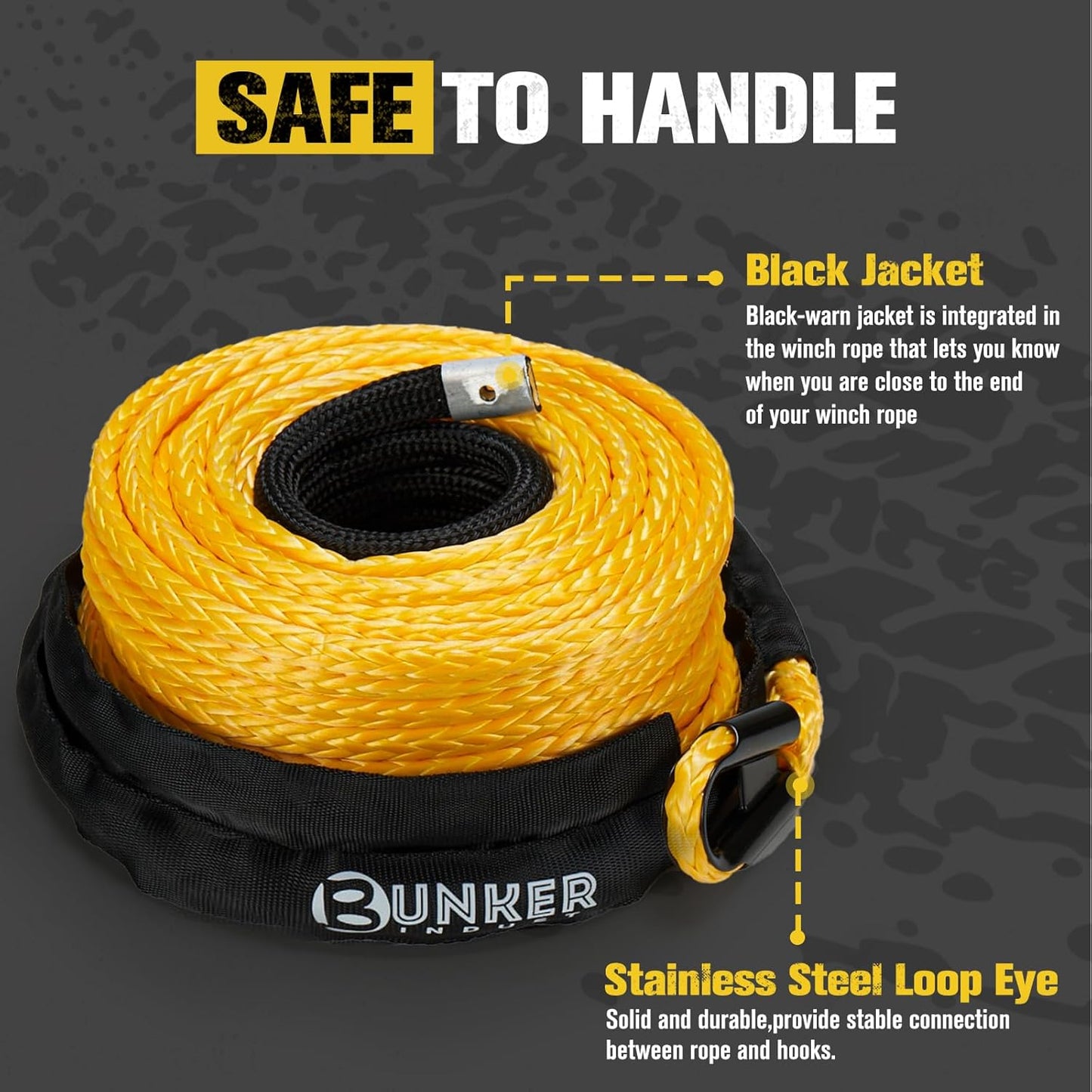 BUNKER INDUST 3/8" x 100' Synthetic Winch Rope, 25000LBS Winch Cable with Protective Sleeve 100ft Winch Line Replacement for Off-Road Vehicles, Trucks, SUVs