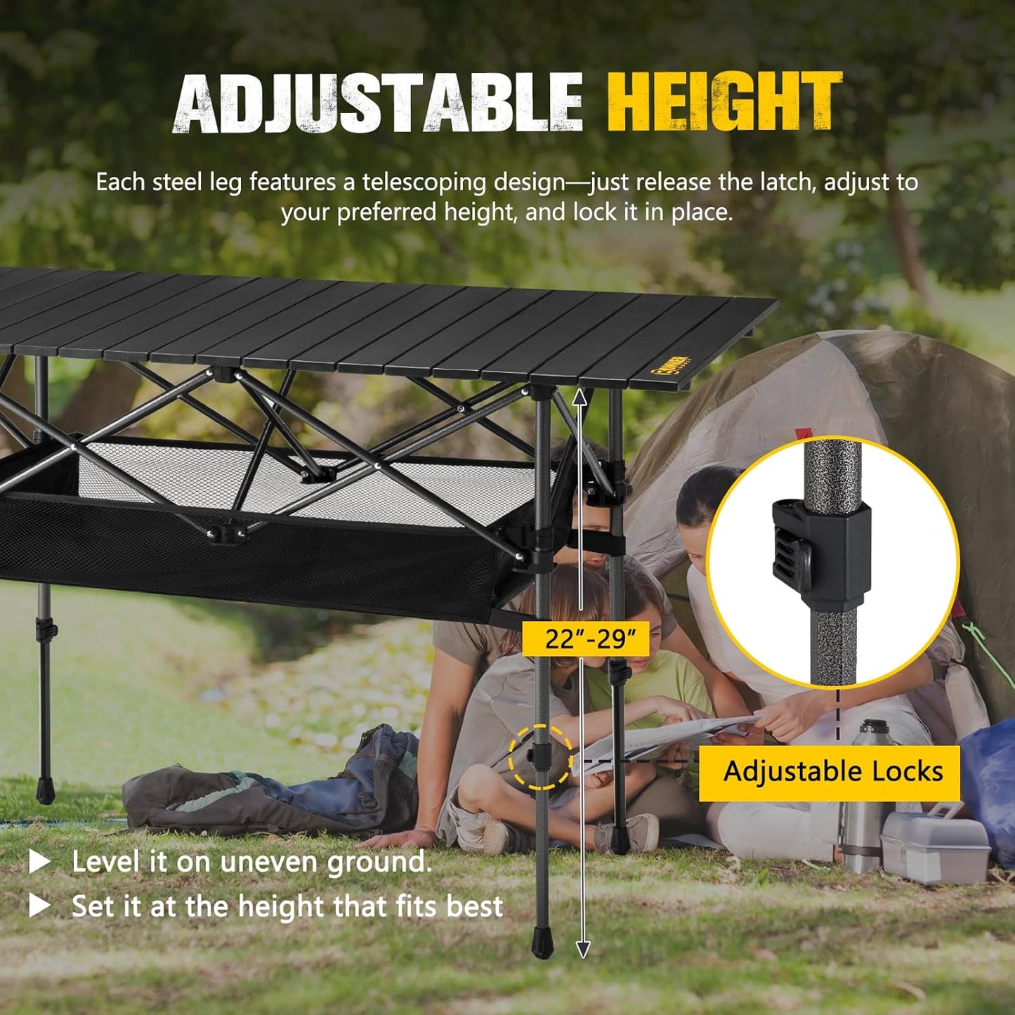 BUNKER INDUST Folding Camping Table Roll-Top Aluminum Portable Outdoor with Carry Bag Adjustable Height for Picnic Beach BBQ Backyards