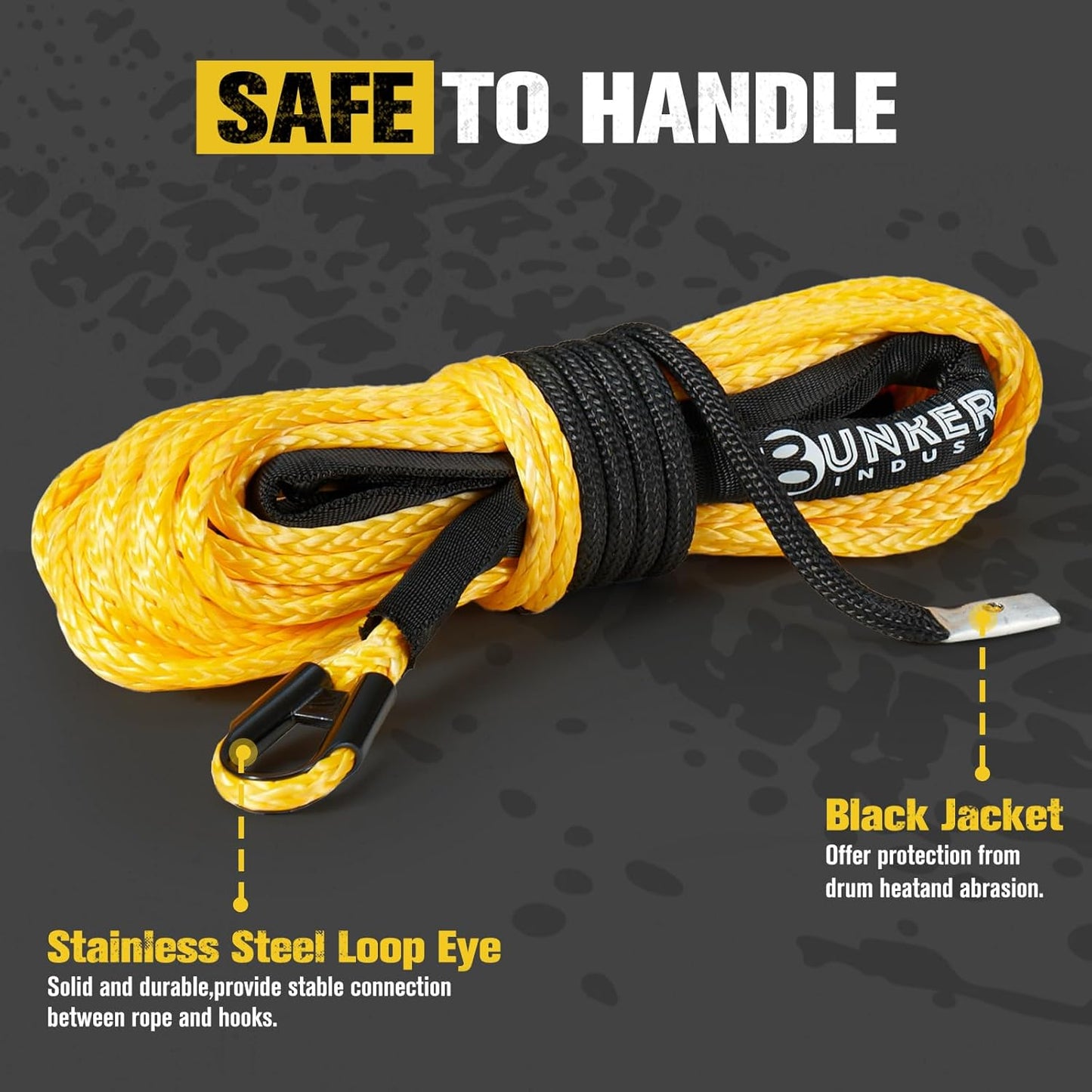 BUNKER INDUST 1/4" x 50' Synthetic Winch Rope with Protective Sleeve, 9500LBS Breaking Strength, Replacement Cable for 4500-6000LBS ATV/UTV Winches
