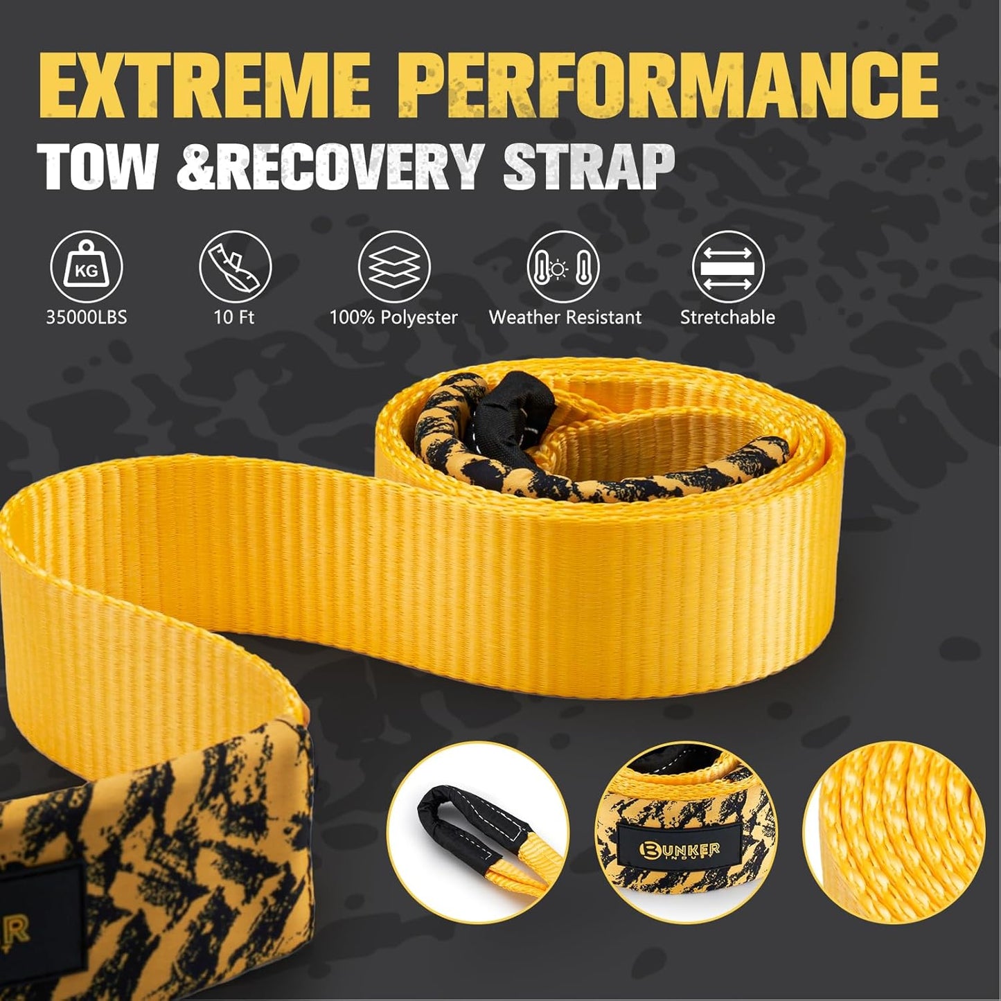 BUNKER INDUST 3" x 10ft Tree Saver Winch Strap, 35,000 lbs Recovery Strap Heavy Duty Tow Rope (Bag Not Include)