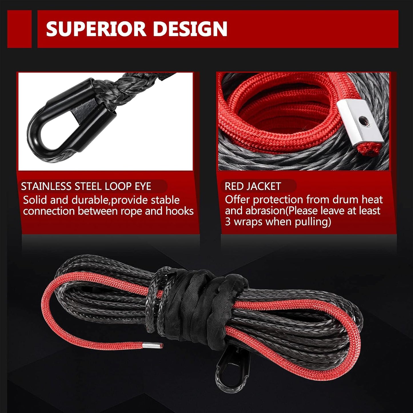BUNKER INDUST Synthetic Winch Rope 3/8" x 85' 25000 lbs Capacity with Protective Sleeve - Off-Road Recovery Cable for ATV UTV SUV Truck, 1 Pcs Black Winch Line