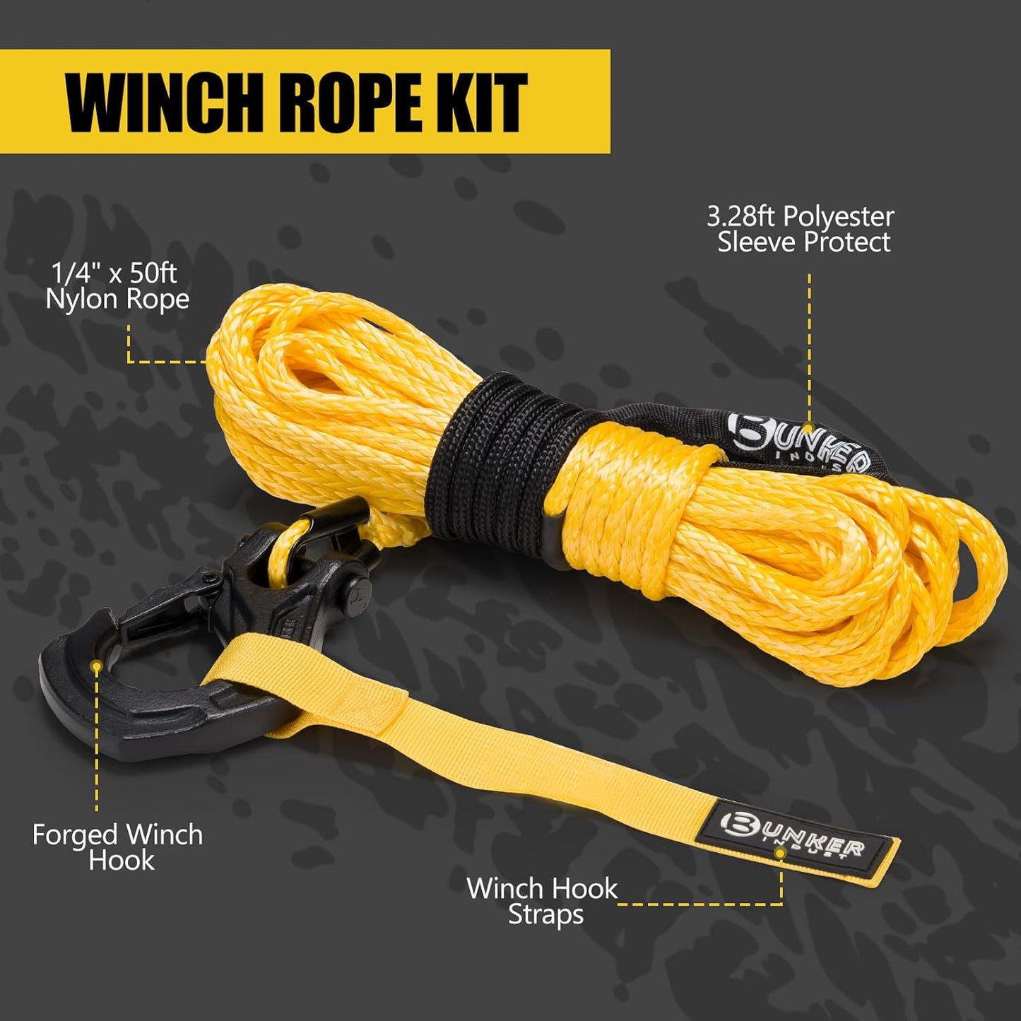 Synthetic Winch Rope Kit 1/4in x 50ft, 11023lb Capacity with Protective Sleeve, Forged Hook & Strap - Nylon Winch Line Replacement for 3500-6000lb Winches | Off-Road ATV/UTV Accessory