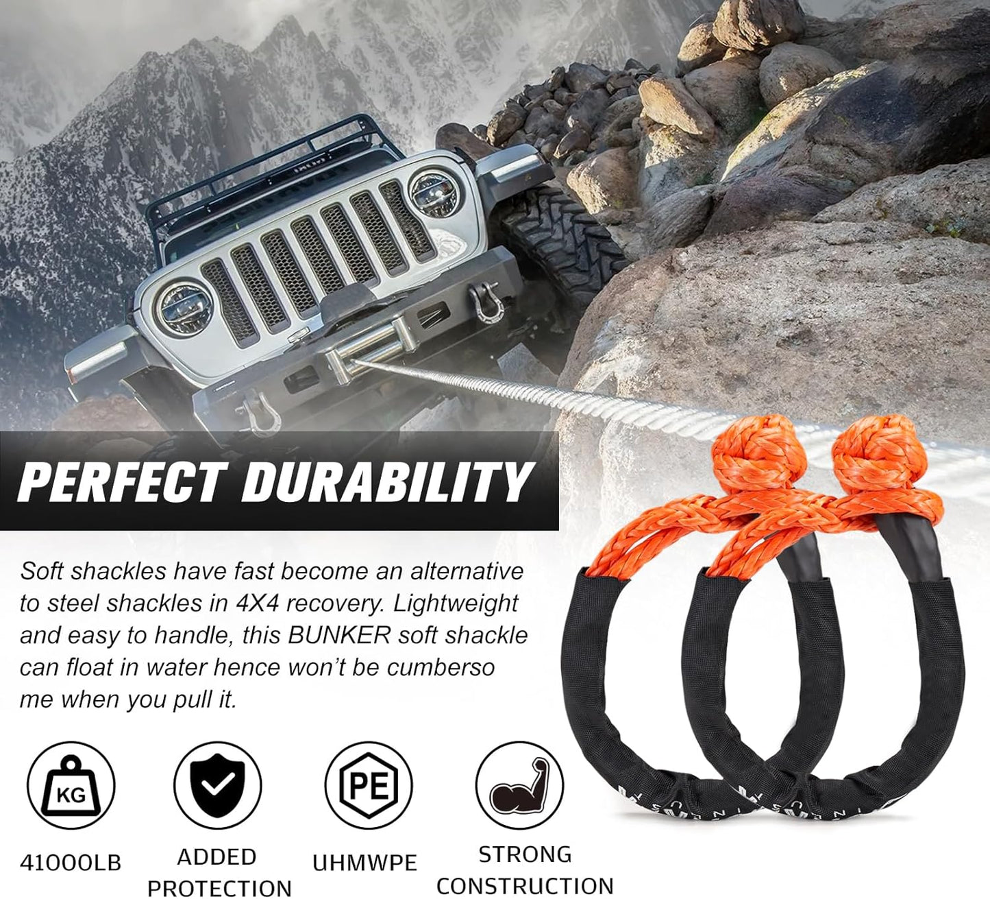 BUNKER INDUST 2Pcs Synthetic Soft Shackle Rope, 1/2 Inch x 24 Inch, 41,000 LBS Breaking Strength - Winch Towing & Recovery Shackles for Offroad 4x4 Vehicles, Truck, SUV, UTV, ATV