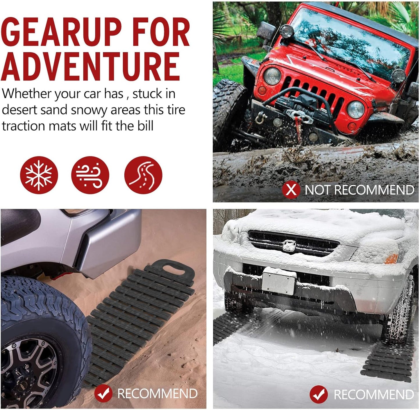 BUNKER INDUST Tire Traction Mats & Portable Recovery Tracks for Off-Road 4X4 Vehicles, Snow, Ice, Sand - Emergency Traction Devices with Storage Bag & Gloves, Compatible with Cars, Trucks, Vans (2 Pack)