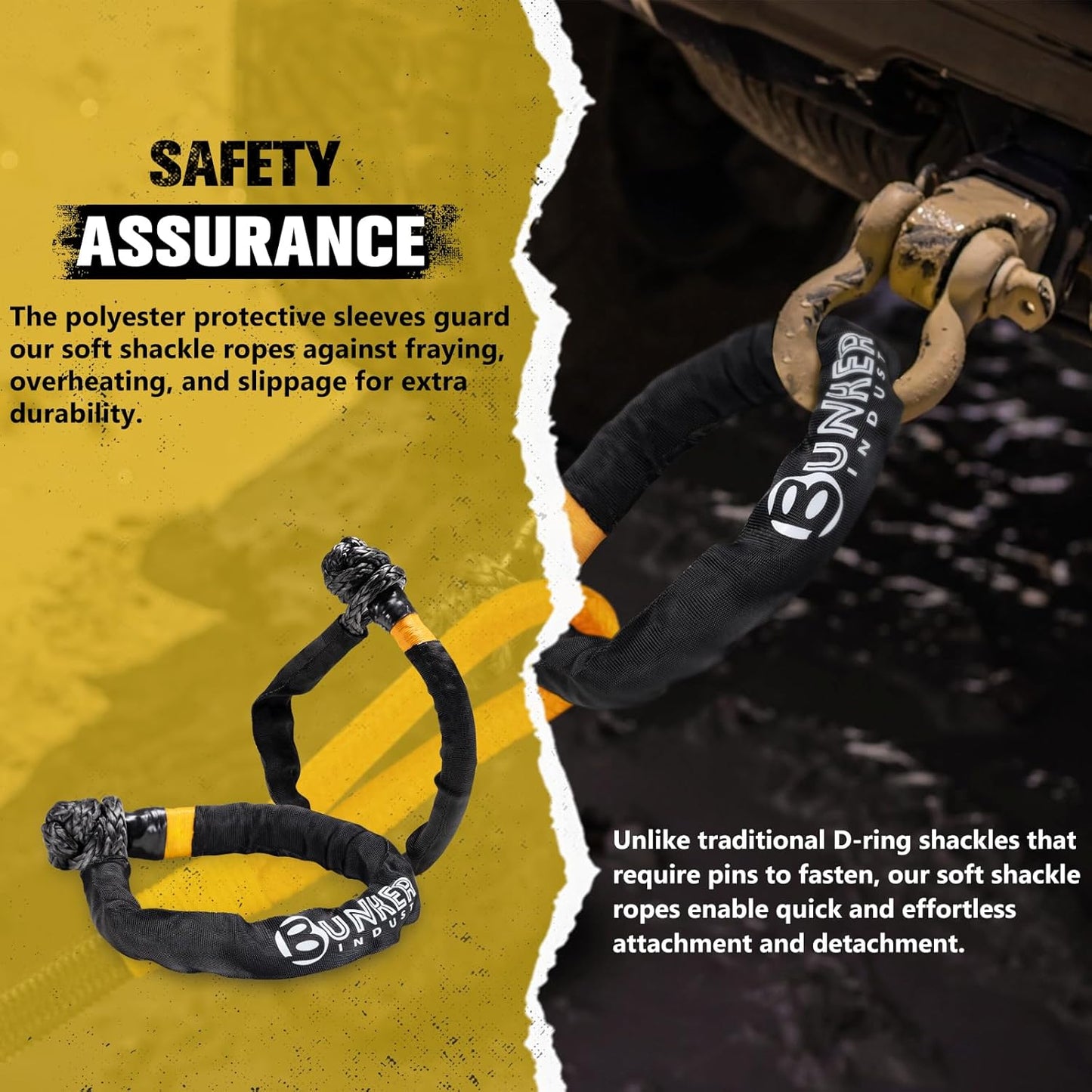 BUNKER INDUST 2Pcs Synthetic Soft Shackles 1/2" x 23" 49,000 LBS Breaking Strength – Winch Recovery Shackle Kit for Off-Road Trucks SUVs ATVs UTVs 4x4 Vehicles