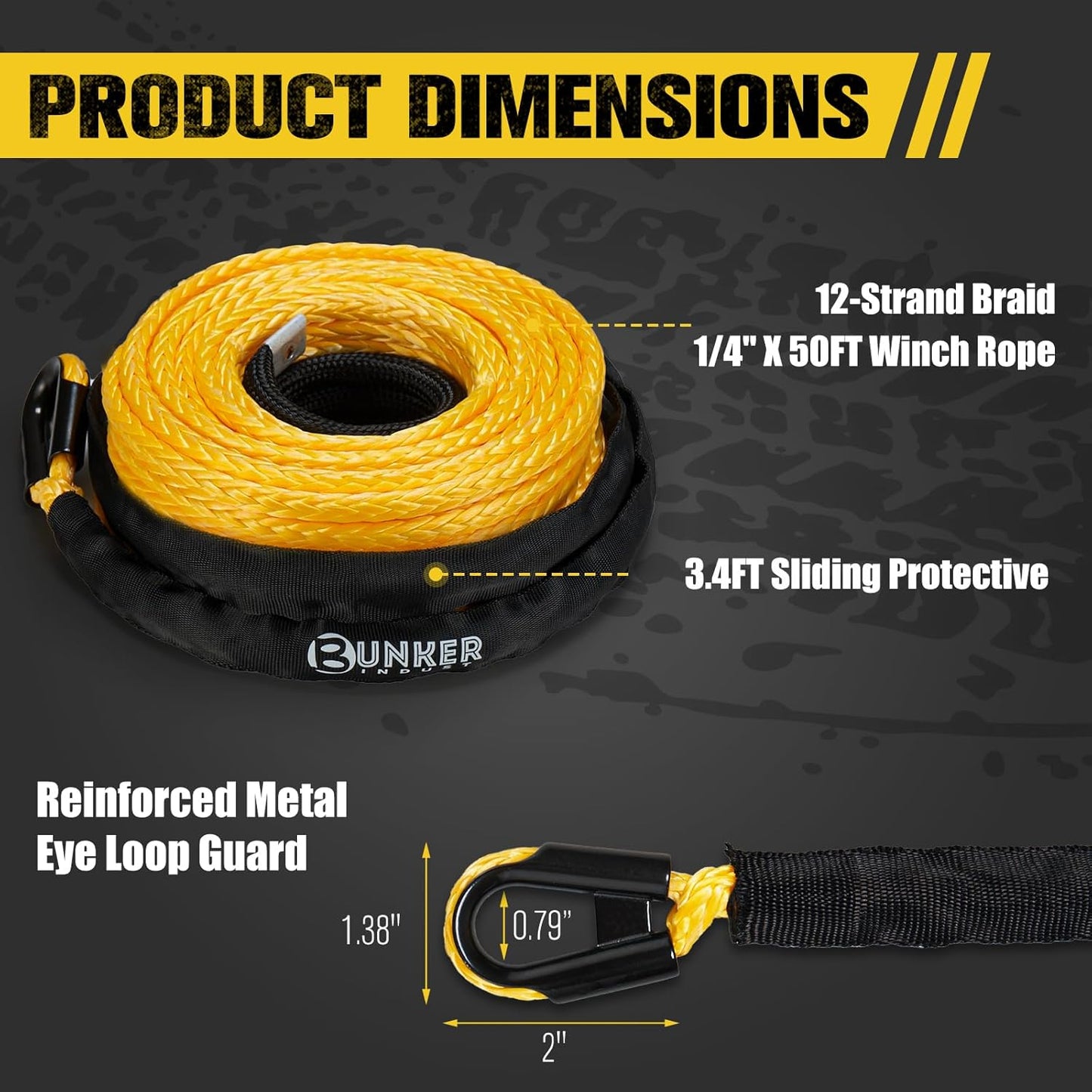 BUNKER INDUST 1/4" x 50' Synthetic Winch Rope with Protective Sleeve, 9500LBS Breaking Strength, Replacement Cable for 4500-6000LBS ATV/UTV Winches