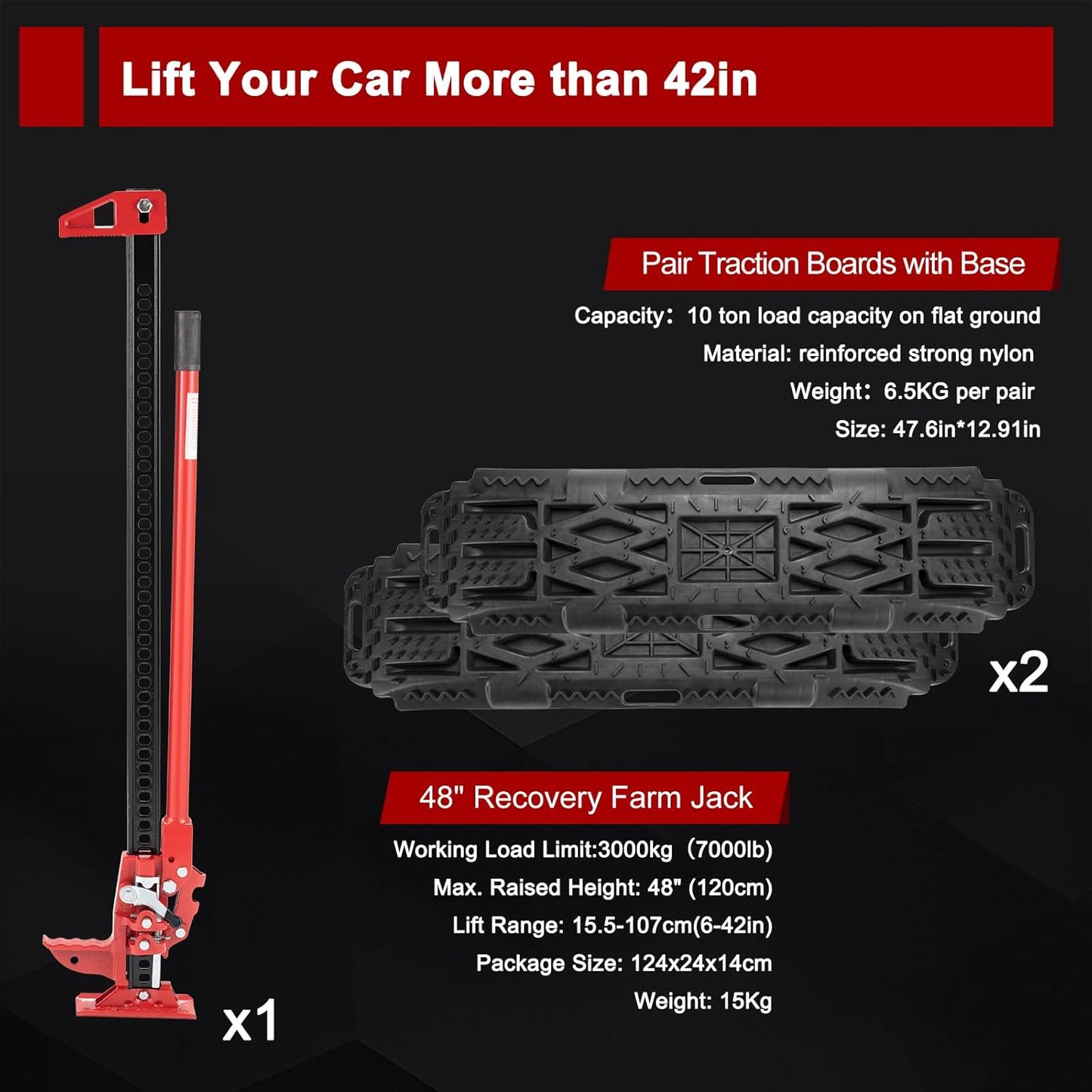 BUNKER INDUST 48" Offroad High Lift Farm Jack with Traction Boards - Sand Mud Snow Track Mat Recovery Kit for Car Truck Jeep ATV SUV UTV