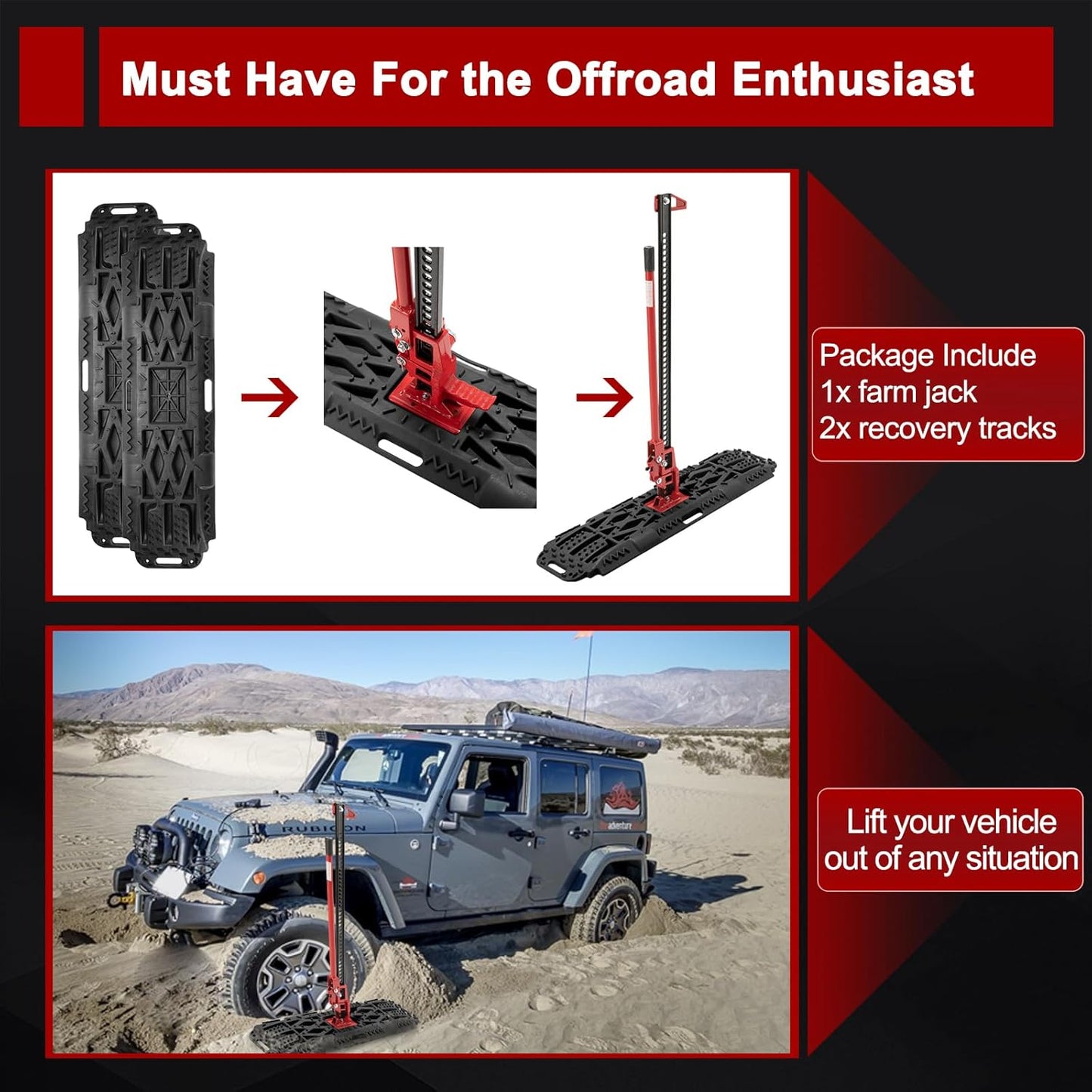 BUNKER INDUST 48" Offroad High Lift Farm Jack with Traction Boards - Sand Mud Snow Track Mat Recovery Kit for Car Truck Jeep ATV SUV UTV