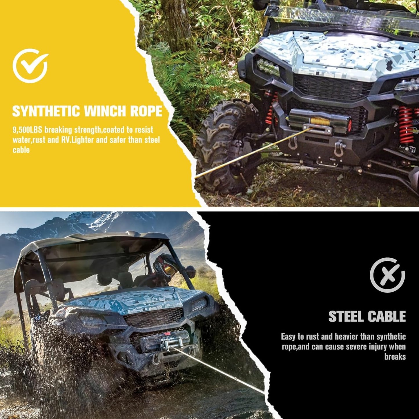 BUNKER INDUST 1/4" x 50' Synthetic Winch Rope with Protective Sleeve, 9500LBS Breaking Strength, Replacement Cable for 4500-6000LBS ATV/UTV Winches