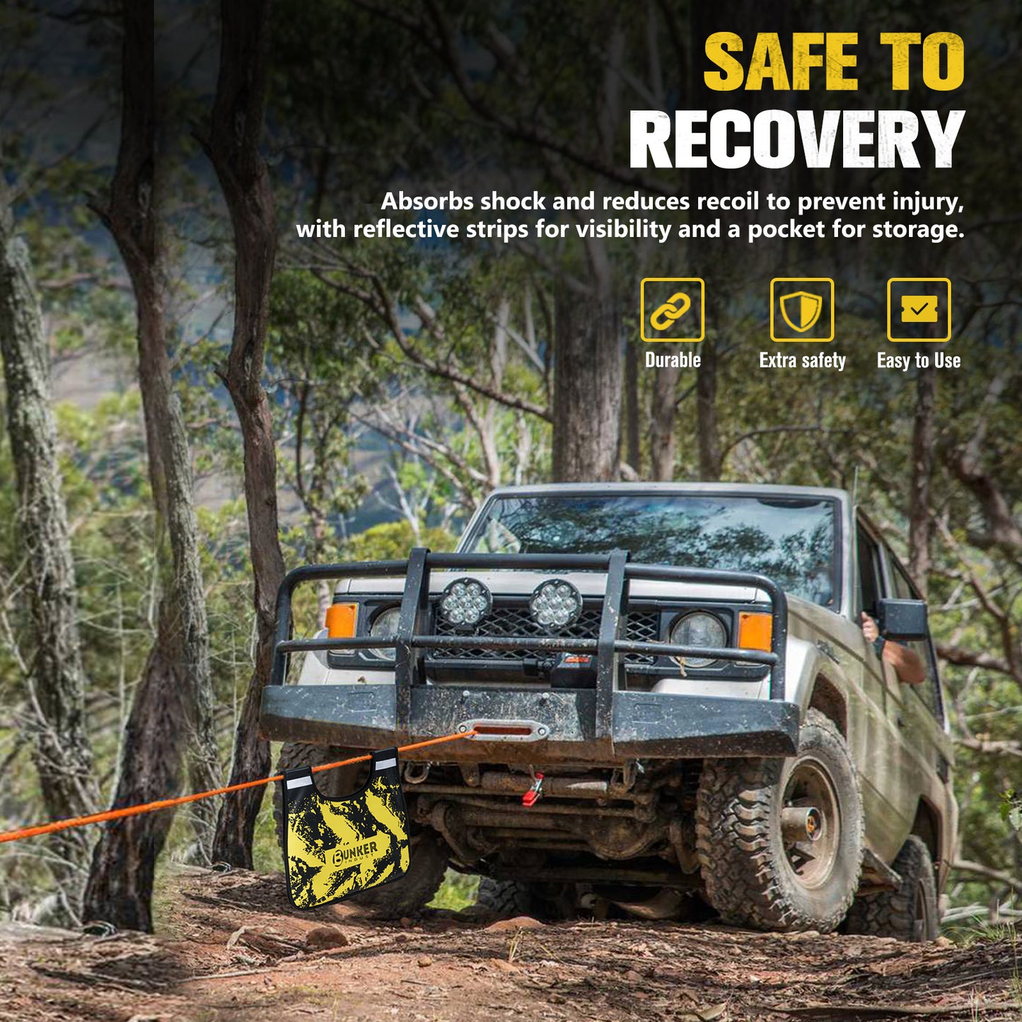 1"×30ft Kinetic Recovery Rope + 2 Soft Shackles + Recovery Ring+ Shackle Hitch Receiver + Winch Dampener+ Gloves+ Carry Bag