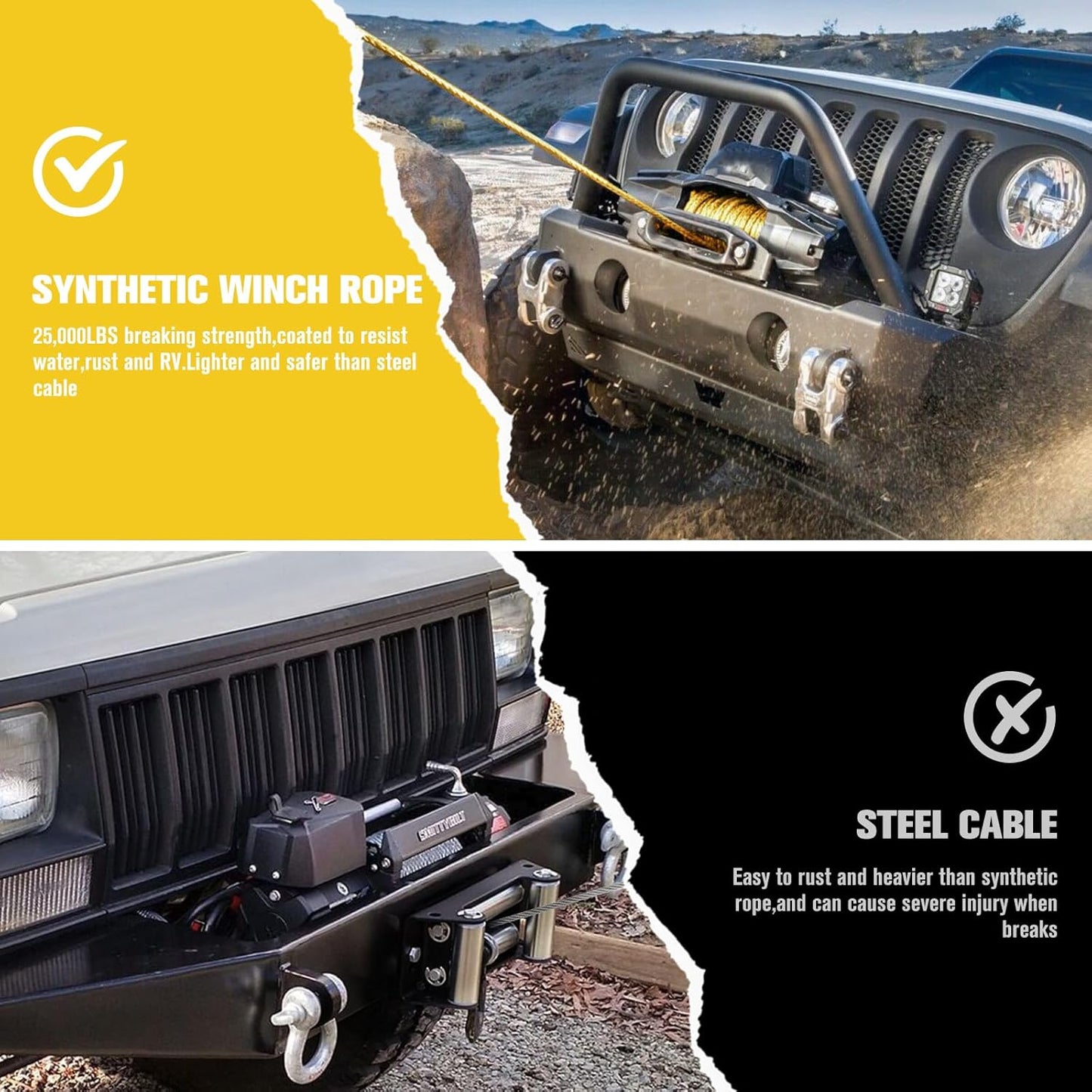 BUNKER INDUST 3/8" x 100' Synthetic Winch Rope, 25000LBS Winch Cable with Protective Sleeve 100ft Winch Line Replacement for Off-Road Vehicles, Trucks, SUVs
