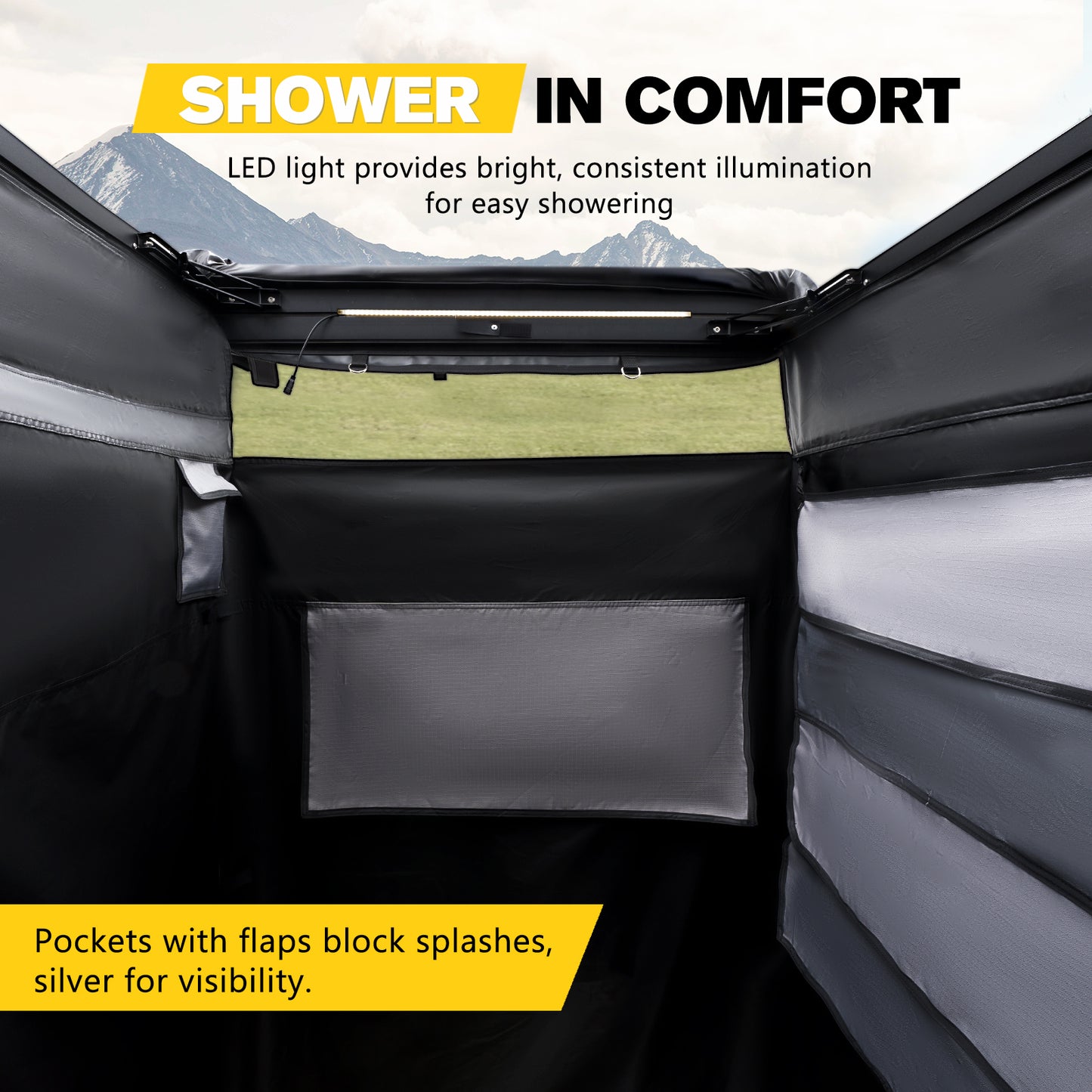 Vehicle Side Shower Tent with Roof, Car Portable Privacy Shower Bathroom, Outdoor Camping Awning Shower Room Waterproof, Built-in LED Light for Night, Black