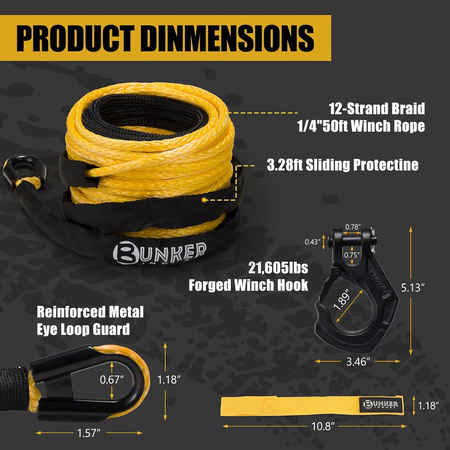 Synthetic Winch Rope Kit 1/4in x 50ft, 11023lb Capacity with Protective Sleeve, Forged Hook & Strap - Nylon Winch Line Replacement for 3500-6000lb Winches | Off-Road ATV/UTV Accessory