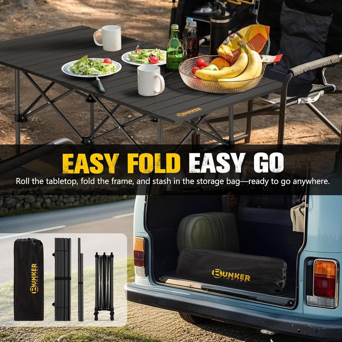 BUNKER INDUST Folding Camping Table Roll-Top Aluminum Portable Outdoor with Carry Bag Adjustable Height for Picnic Beach BBQ Backyards
