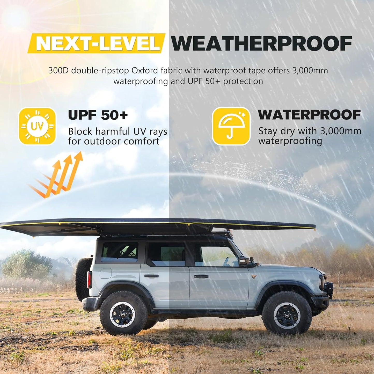 BUNKER INDUST 270 Degree Awning Free Standing with 3-Color LED Lighting, Passenger-Side Mount, Waterproof & Wind Resistant for SUV Van Truck Camper