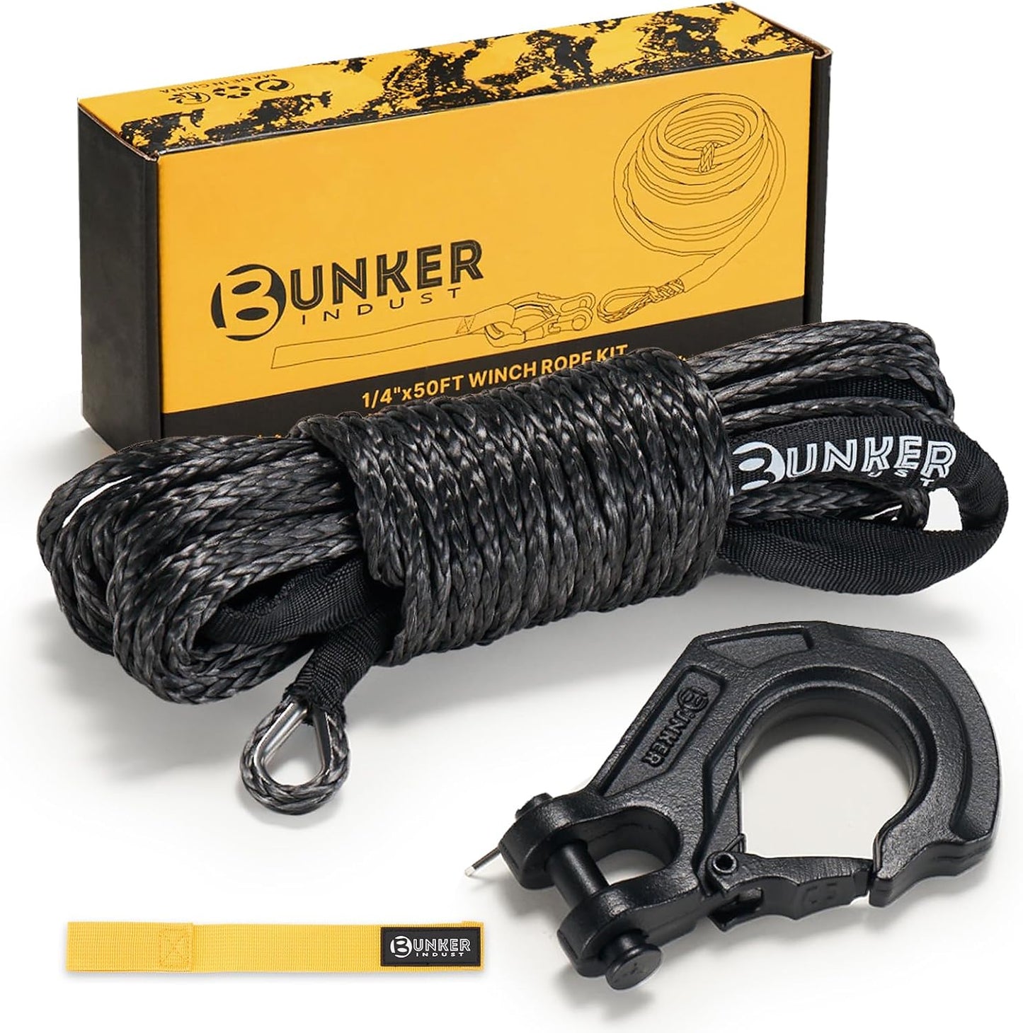 BUNKER INDUST 1/4" x 50' Synthetic Winch Rope Kit,11023LBS Winch Line with Protective Sleeve + Forged Winch Hook + Strap, Nylon Winch Cable Replacement for 3500-6000LBS Winch Off-Road ATV UTV