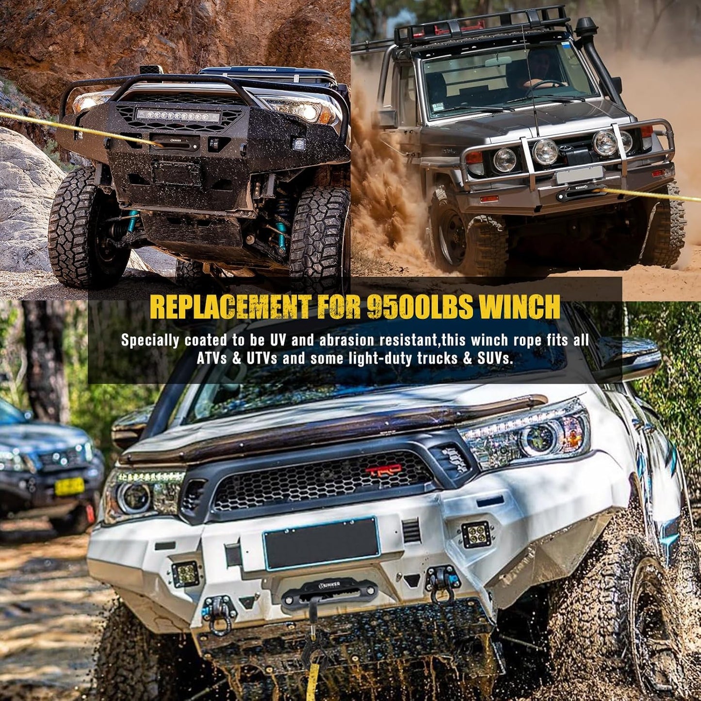 BUNKER INDUST 3/8" x 100' Synthetic Winch Rope, 25000LBS Winch Cable with Protective Sleeve 100ft Winch Line Replacement for Off-Road Vehicles, Trucks, SUVs