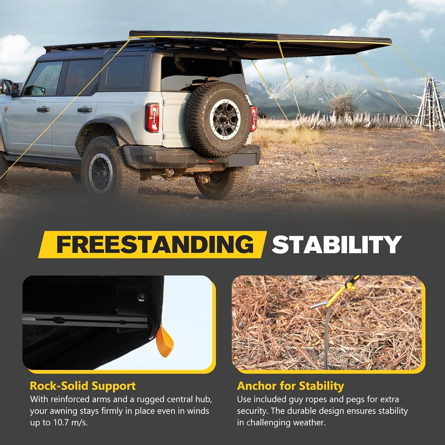 BUNKER INDUST 270 Degree Awning Free Standing with 3-Color LED Lighting, Passenger-Side Mount, Waterproof & Wind Resistant for SUV Van Truck Camper
