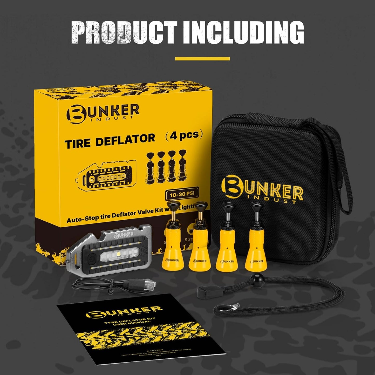 BUNKER INDUST Adjustable Auto-Stop Offroad Tire Deflator Kit with 4 Tire Valves (10-30 PSI), Multifunctional LED Light, Safety Whistle, Bottle Opener & Carry Case
