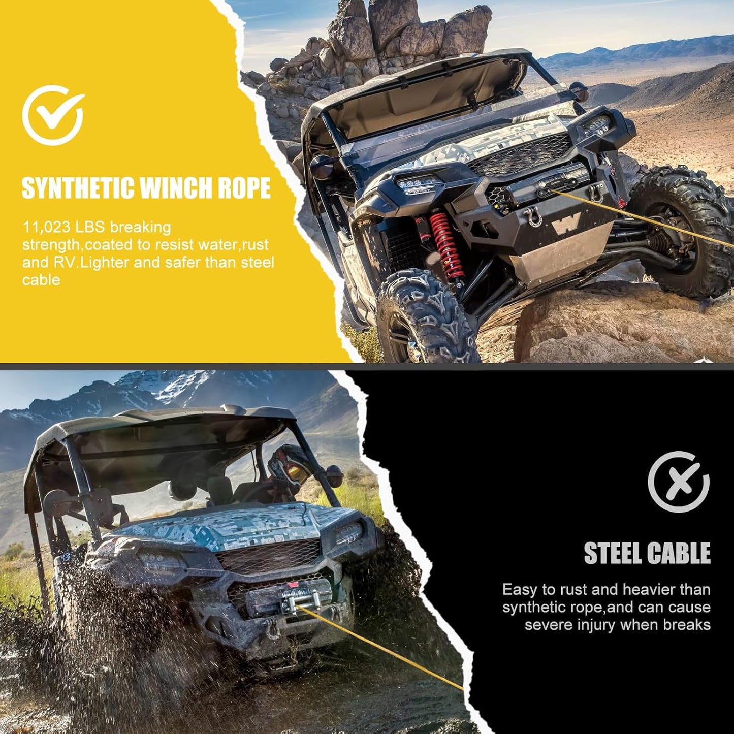 Synthetic Winch Rope Kit 1/4in x 50ft, 11023lb Capacity with Protective Sleeve, Forged Hook & Strap - Nylon Winch Line Replacement for 3500-6000lb Winches | Off-Road ATV/UTV Accessory