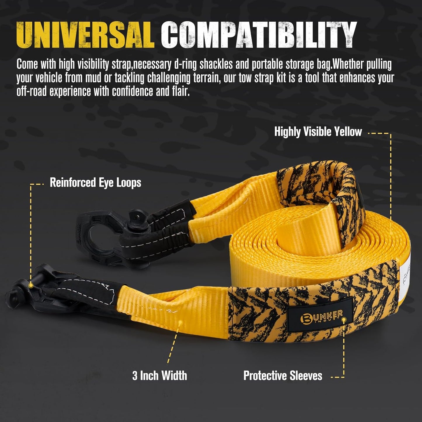 3" x 30ft Recovery Straps + Pair 3/4 D Ring Shackles + Bag 35,000 lbs Tree Saver Winch Strap - Emergency Vehicle Off Road Towing Rope
