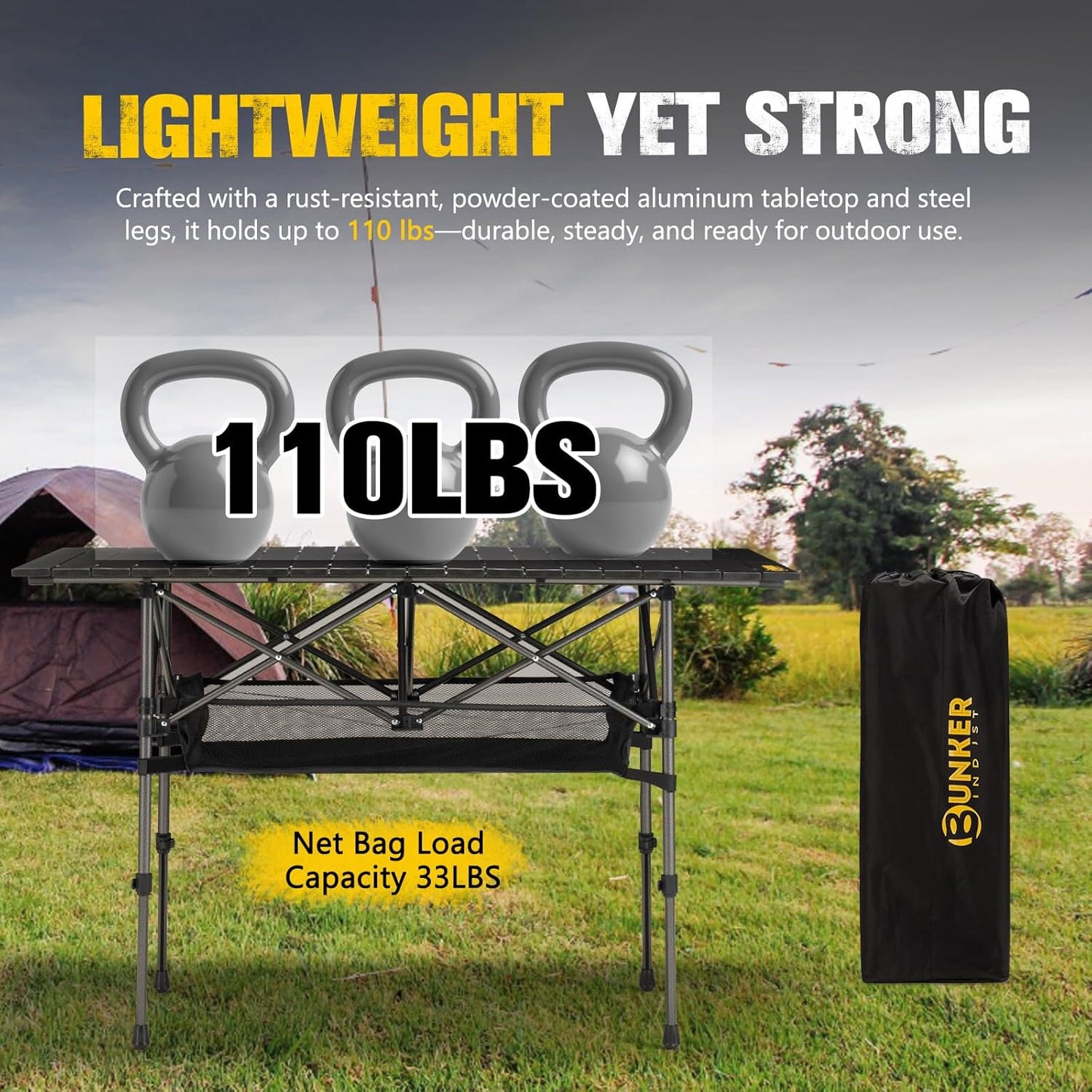 BUNKER INDUST Folding Camping Table Roll-Top Aluminum Portable Outdoor with Carry Bag Adjustable Height for Picnic Beach BBQ Backyards
